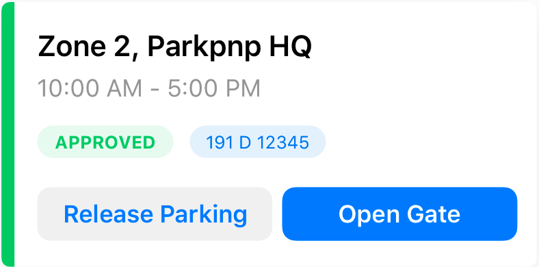 Screenshot of a parking management app displaying Zone 2 at the Parkpnp HQ with approved commercial parking from 10:00 AM to 5:00 PM, vehicle ID 191 D 12345, and buttons for releasing parking and opening the gate.