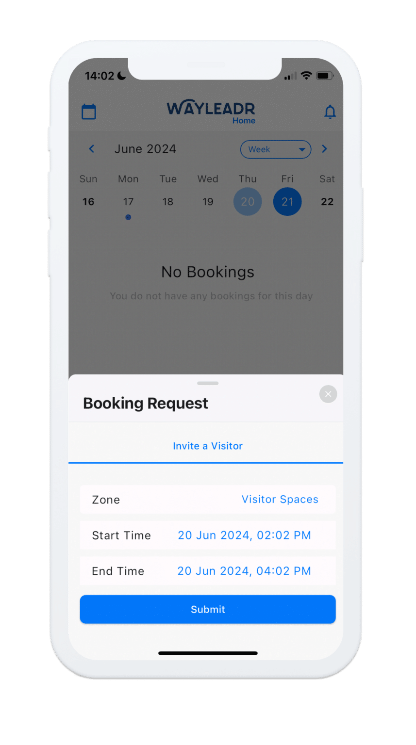 A smartphone screen displays a booking request form for a visitor space in the Wayleadr app, showcasing an efficient parking management system with a start time of 20 June 2024, 04:02 PM, and end time of 20 June 2024, 04:02 PM.