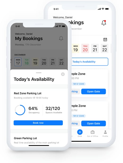 Two smartphones displaying the Wayleadr app for seamless parking management