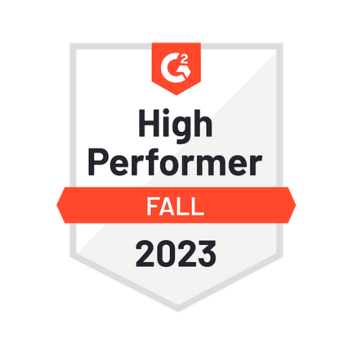 Badge displaying "G2 High Performer Fall 2023" with a red ribbon on a white background, celebrating excellence in parking lot management.