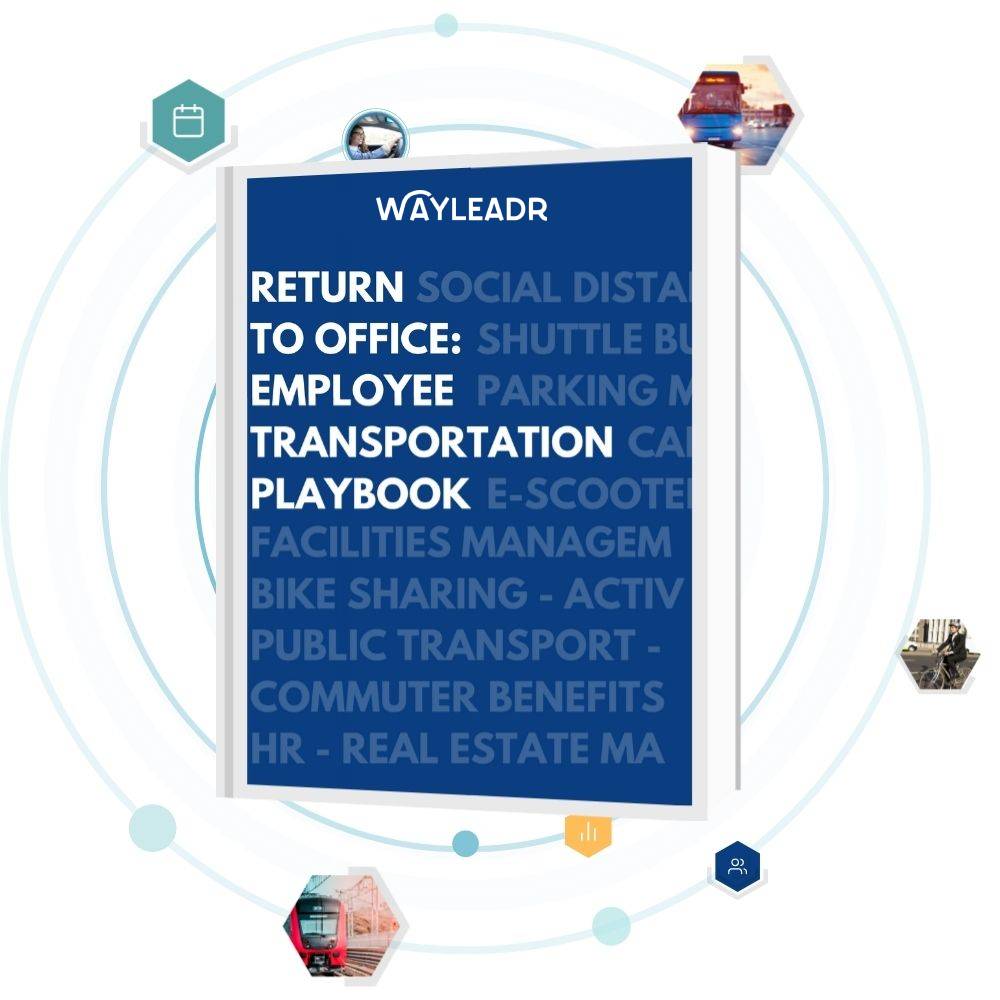 A blue cover titled "WAYLEADR" with text including "RETURN TO OFFICE: EMPLOYEE TRANSPORTATION PLAYBOOK," surrounded by icons indicating various transportation and office themes, also covers aspects of visitor parking and efficient parking management.