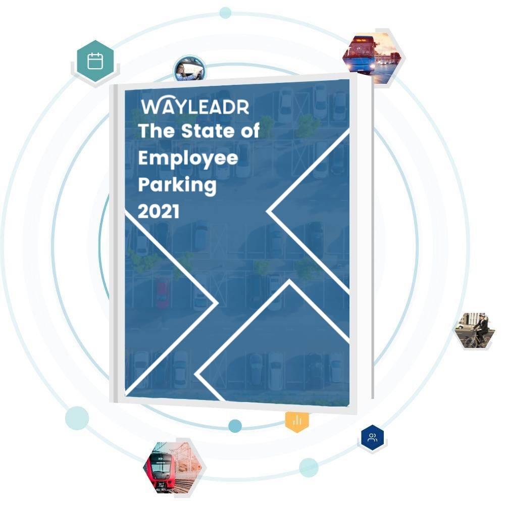 Cover of the report titled "WAYLEADR The State of Employee Parking 2021," featuring geometric designs and icons related to transportation, parking management, and commercial parking.