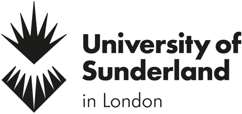 Logo of the University of Sunderland in London, featuring two abstract geometric designs above and below the text, akin to the structured order found in advanced parking management systems.