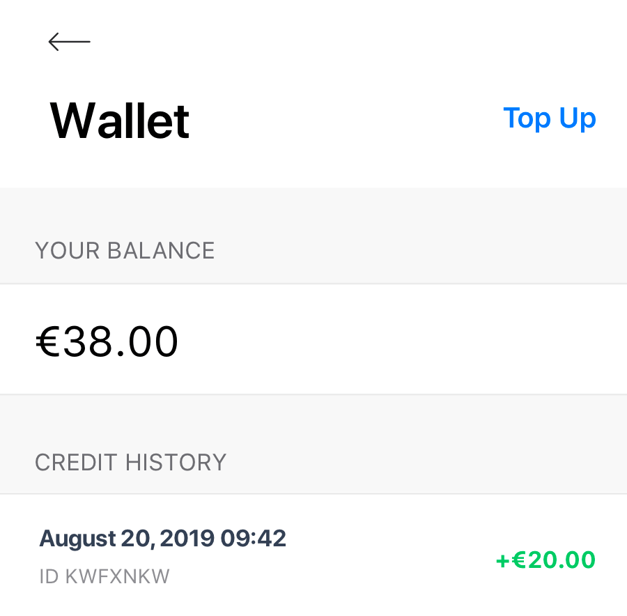 Screenshot of a digital wallet showing a balance of €38.00. A credit history entry from August 20, 2019, at 09:42 indicates a transaction adding €20.00, possibly for visitor parking fees in commercial parking areas.