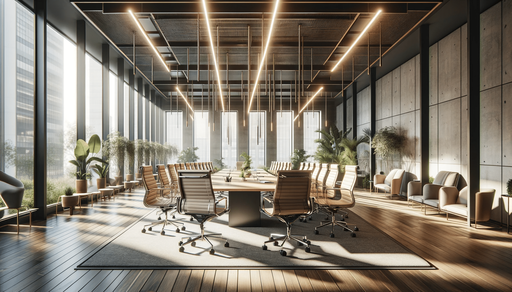 A modern conference room with a long wooden table, several swivel chairs, large windows, plants, and overhead lighting sets the perfect scene for productive discussions on topics like parking lot management or Wayleadr innovations.