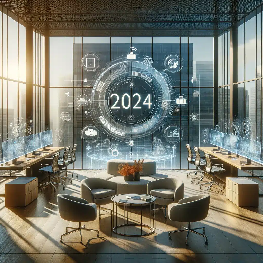 A modern office with a digital 2024 graphic projected on a glass wall. The space features multiple desks with computers, and a central seating area with chairs and tables. Sunlight streams through large windows, while an integrated visitor parking system ensures seamless parking management for guests.