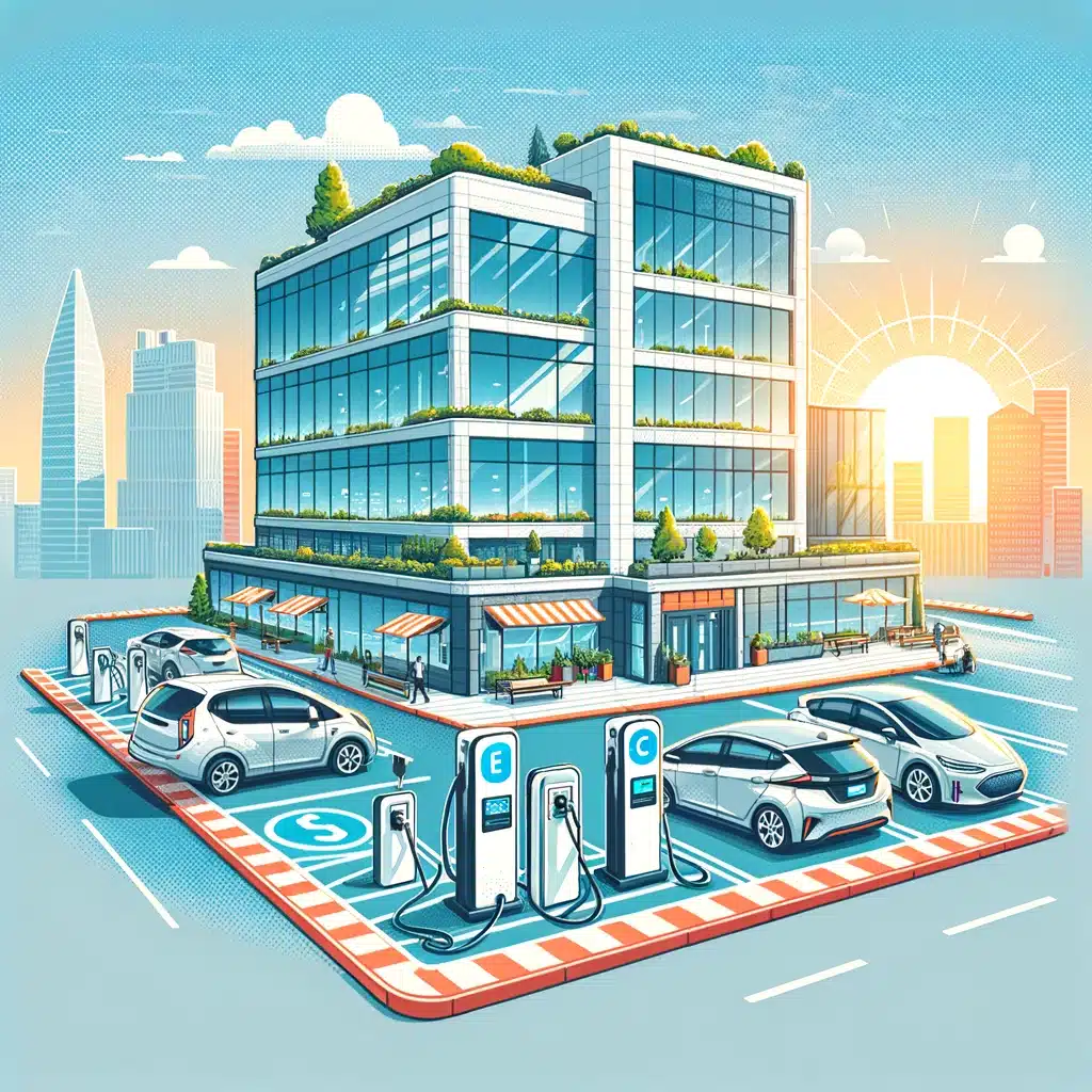 Illustration of a modern, multi-story building with rooftop greenery, surrounded by parked electric cars, some at charging stations in designated visitor parking spots, against a city skyline backdrop with a setting sun.