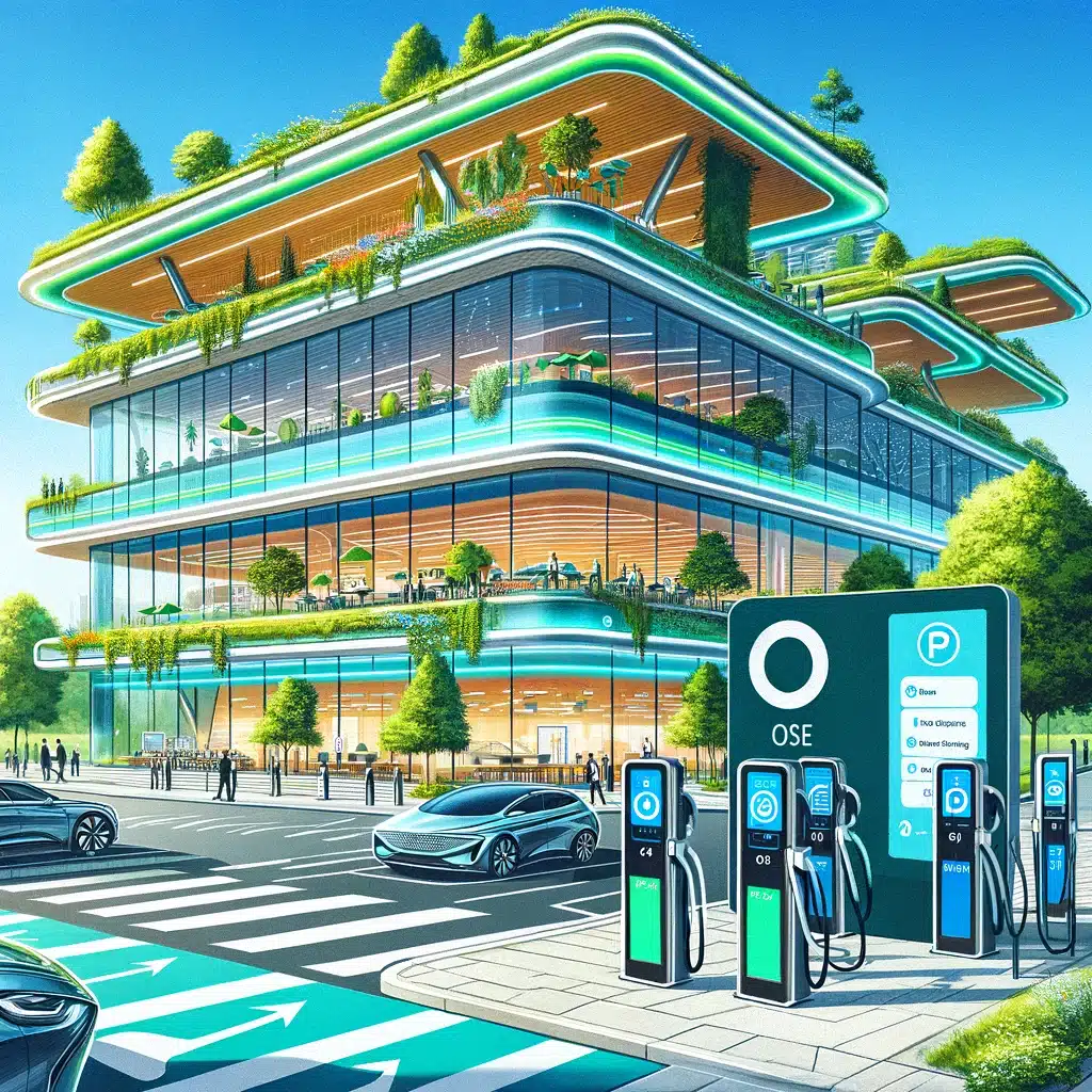 Modern multi-story building with large glass windows, greenery on terraces, and electric vehicle charging stations in the foreground. People are walking and cars are parked nearby, efficiently managed by advanced parking lot systems from Wayleadr.