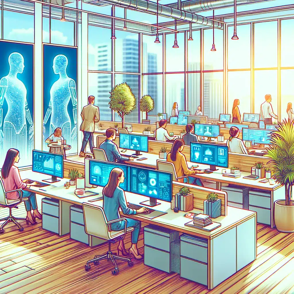 A modern office with large windows, workers at desks with multiple monitors, two holographic figures on a screen, and indoor plants. Various people are engaged in activities like managing wayleadr for parking lot systems.