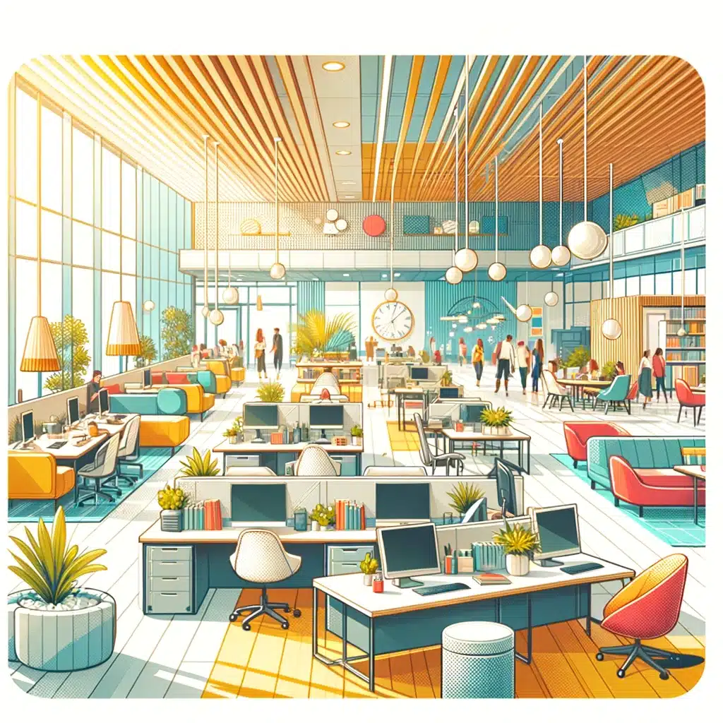 A modern open-plan office with rows of desks, computers, colorful seating areas, large windows, indoor plants, and several people working and conversing. Tall ceilings feature hanging lights. The parking lot systems outside are seamlessly managed by Wayleadr for convenience.