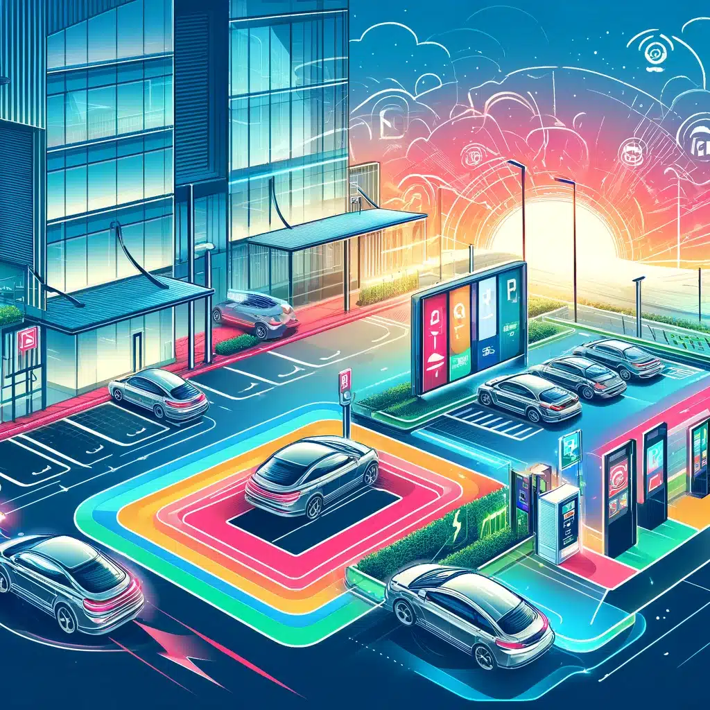 Futuristic parking lot with electric vehicles at charging stations, located next to modern buildings. A glowing sun is setting in the background, and digital signage shows available parking spaces, all seamlessly managed by Wayleadr's advanced parking lot management system.