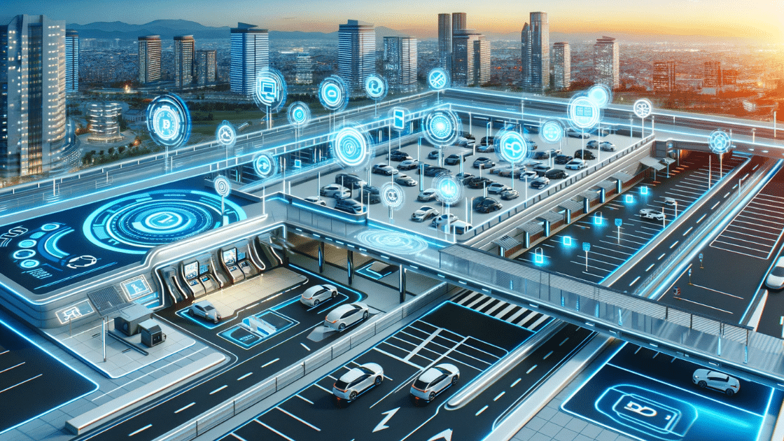 A futuristic smart parking facility with numerous cars and digital icons representing technology. High-rise buildings are in the background as the sun sets, highlighting Wayleadr's cutting-edge parking management system for seamless visitor parking.