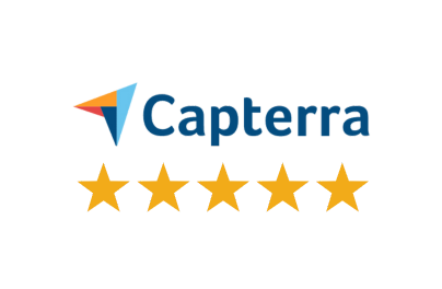 Capterra logo above five gold stars on a white background, indicating a five-star rating.