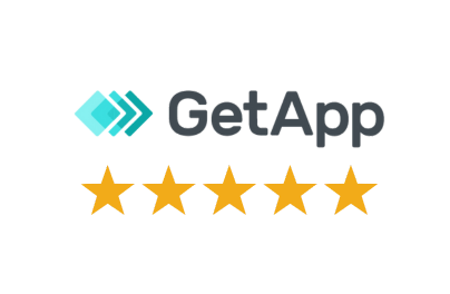 GetApp logo above five gold stars, indicating a top rating.