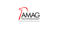 Logo for AMAG Technology featuring bold black text with a stylized red line above.