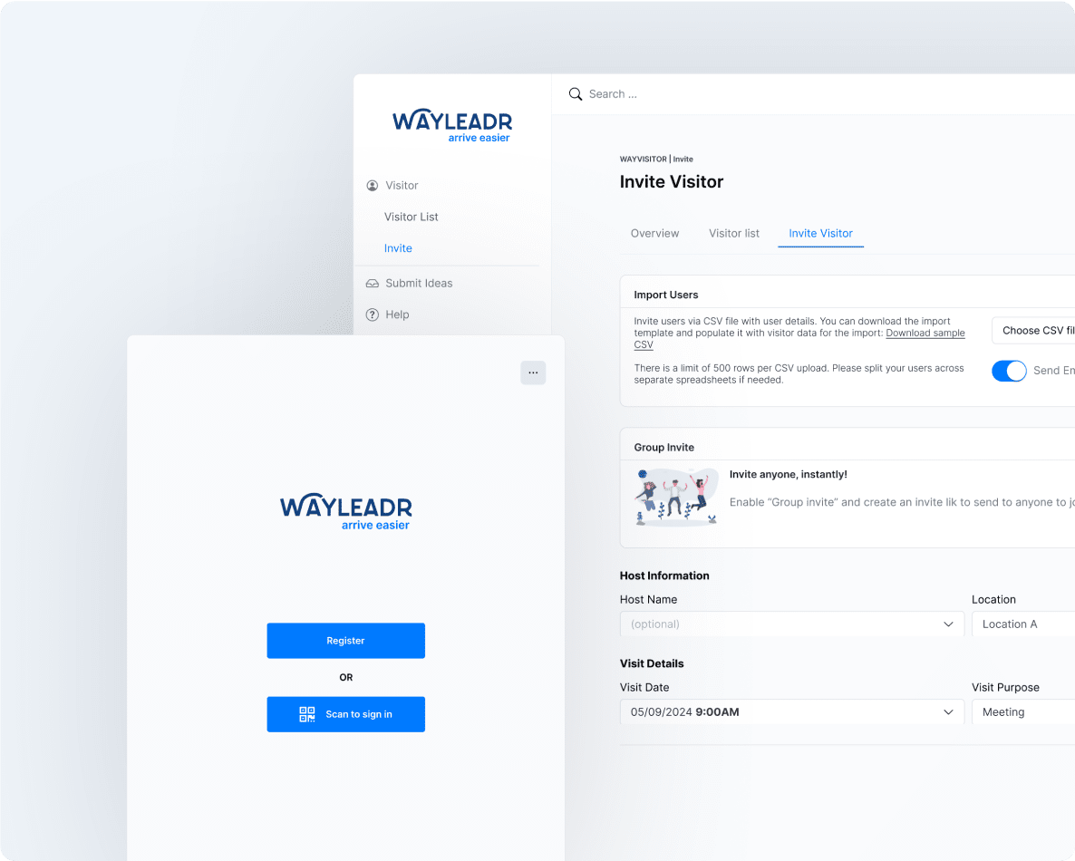 Screenshot of the Wayleadr app showing an interface for inviting visitors, with options for CSV import and input fields for location, date, and time.