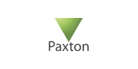 A green inverted triangle with a gradient effect above the word "Paxton" in gray text on a white background.