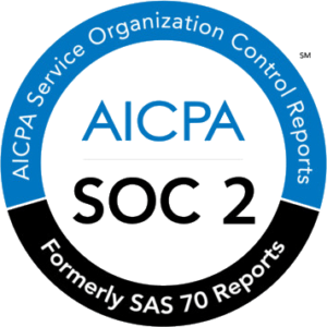 AICPA SOC 2 logo with blue and black circular design, mentioning "Formerly SAS 70 Reports" around the edge.