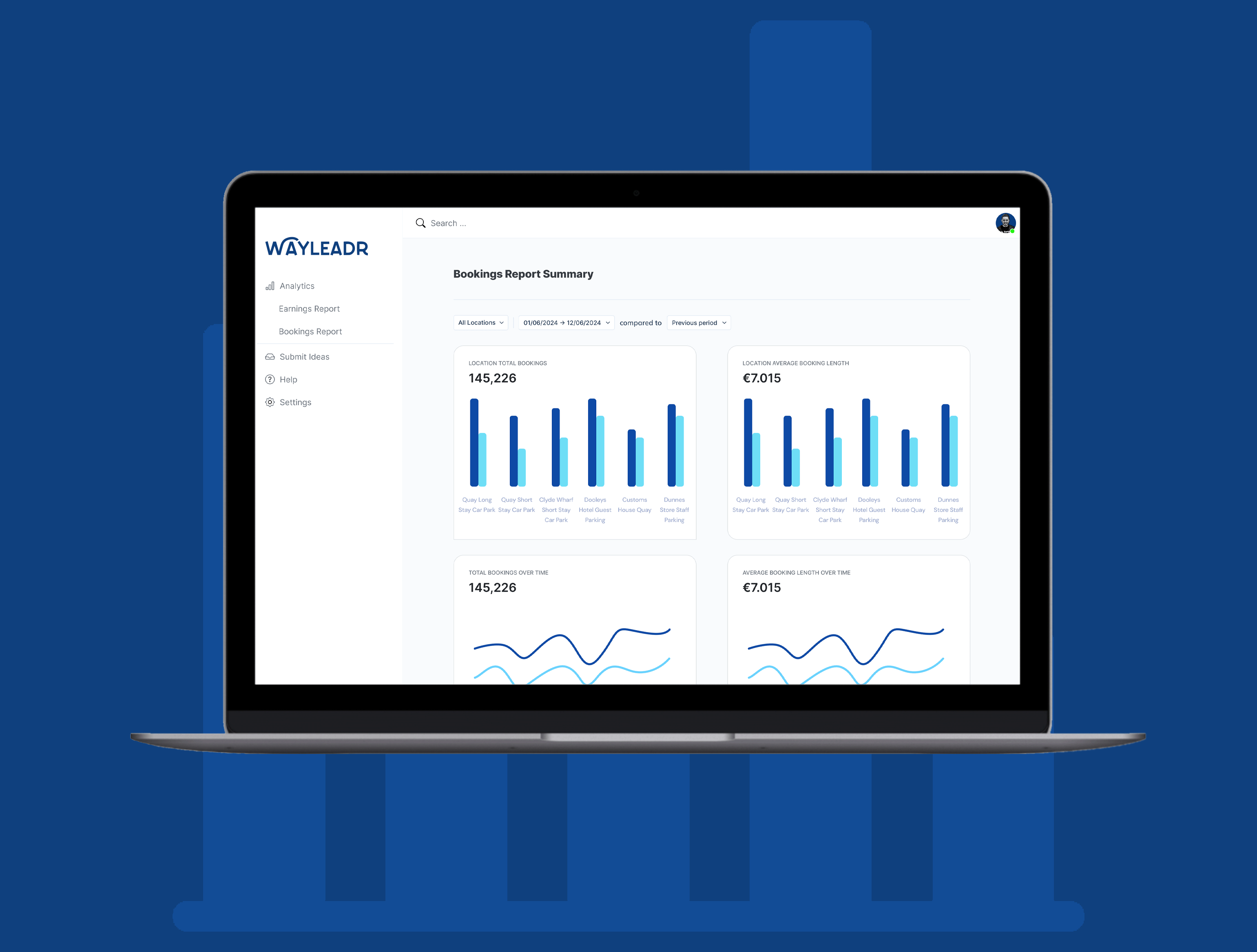 A laptop displaying a bookings report summary with bar and line graphs on a blue background.