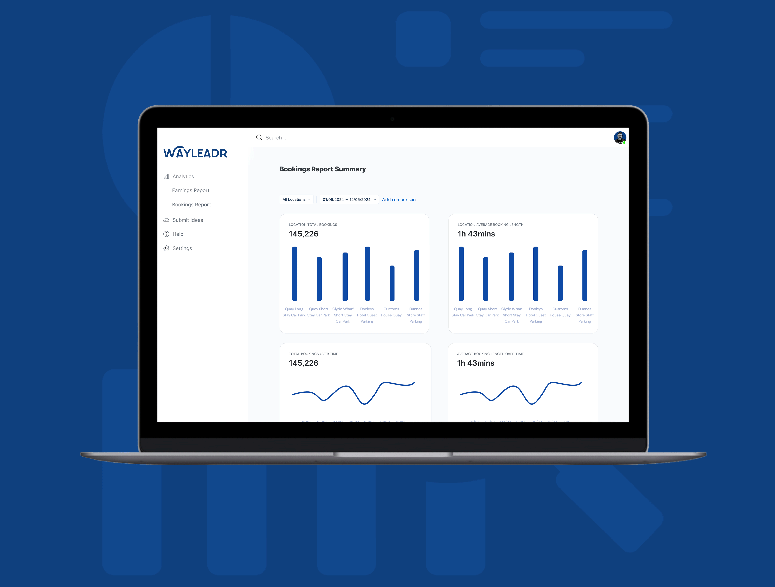 A laptop screen displaying a Wayleadr bookings report summary with data graphs and statistics.