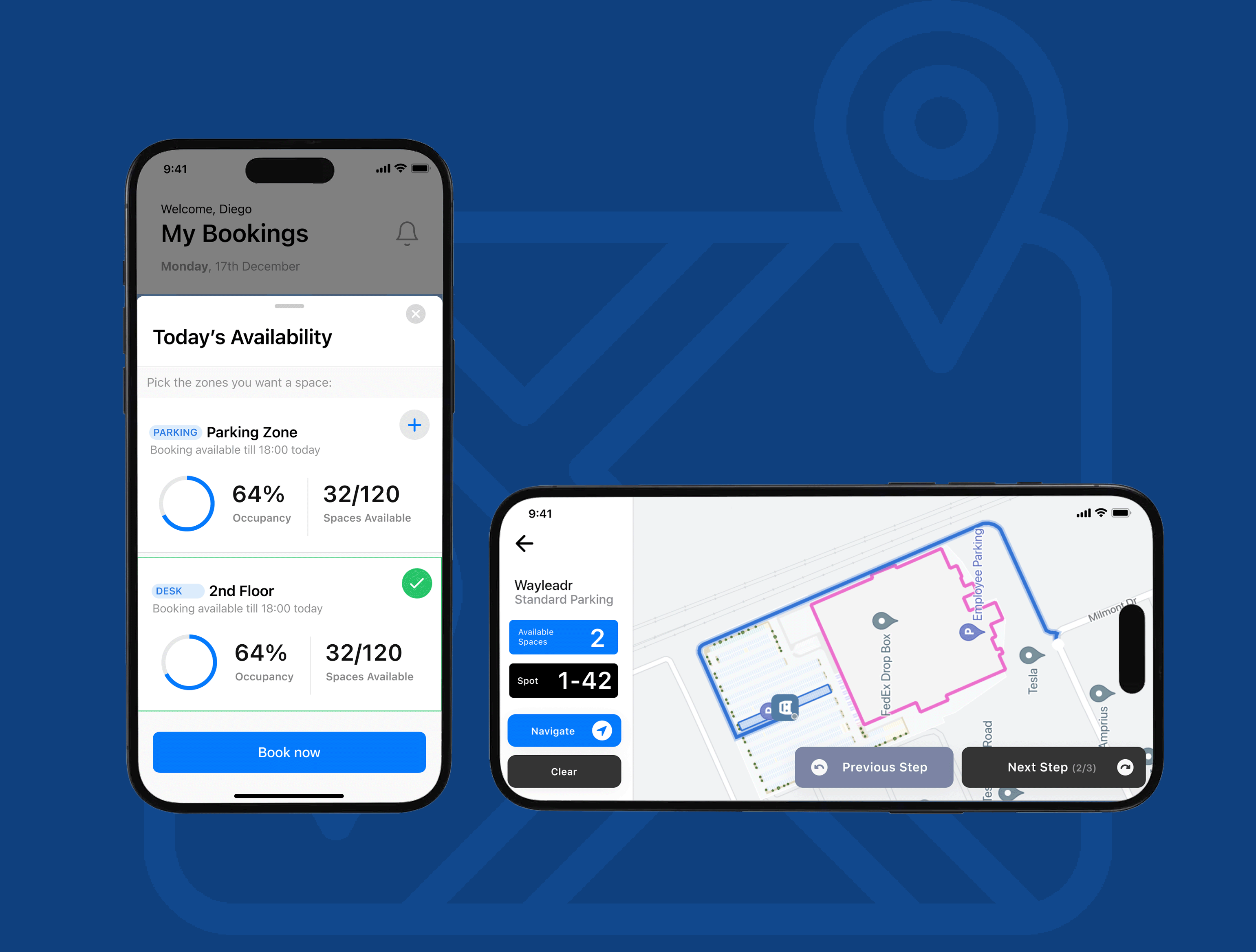 Two smartphone screens show an app interface for booking parking. The left screen displays occupancy rates and the right screen shows a parking layout with navigation options.