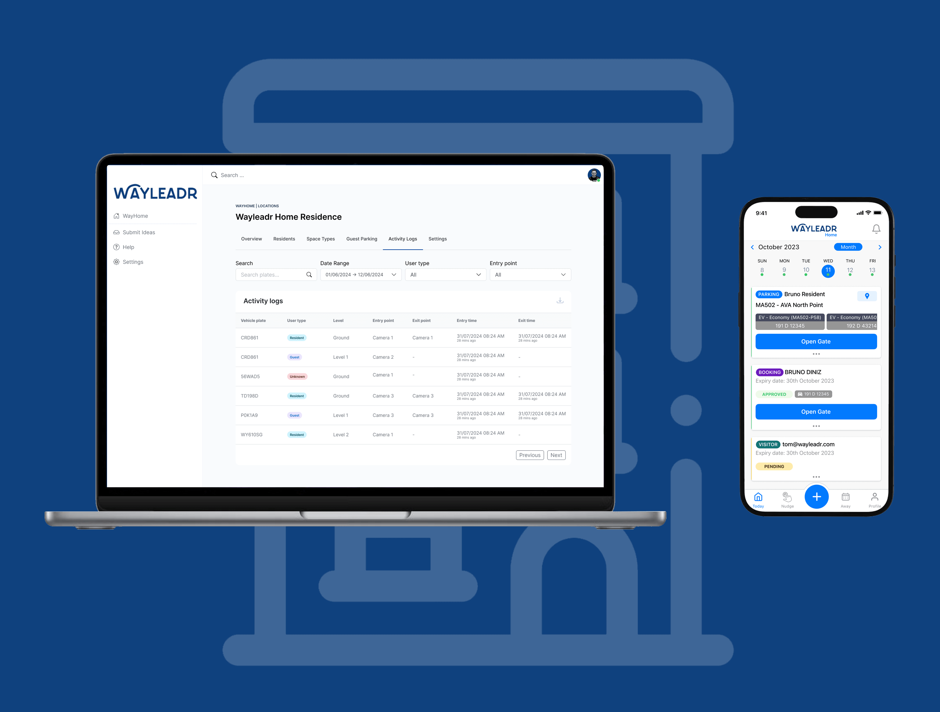 Laptop and smartphone displaying Wayleadr app interface, showing activity logs and parking spot options on a blue background.