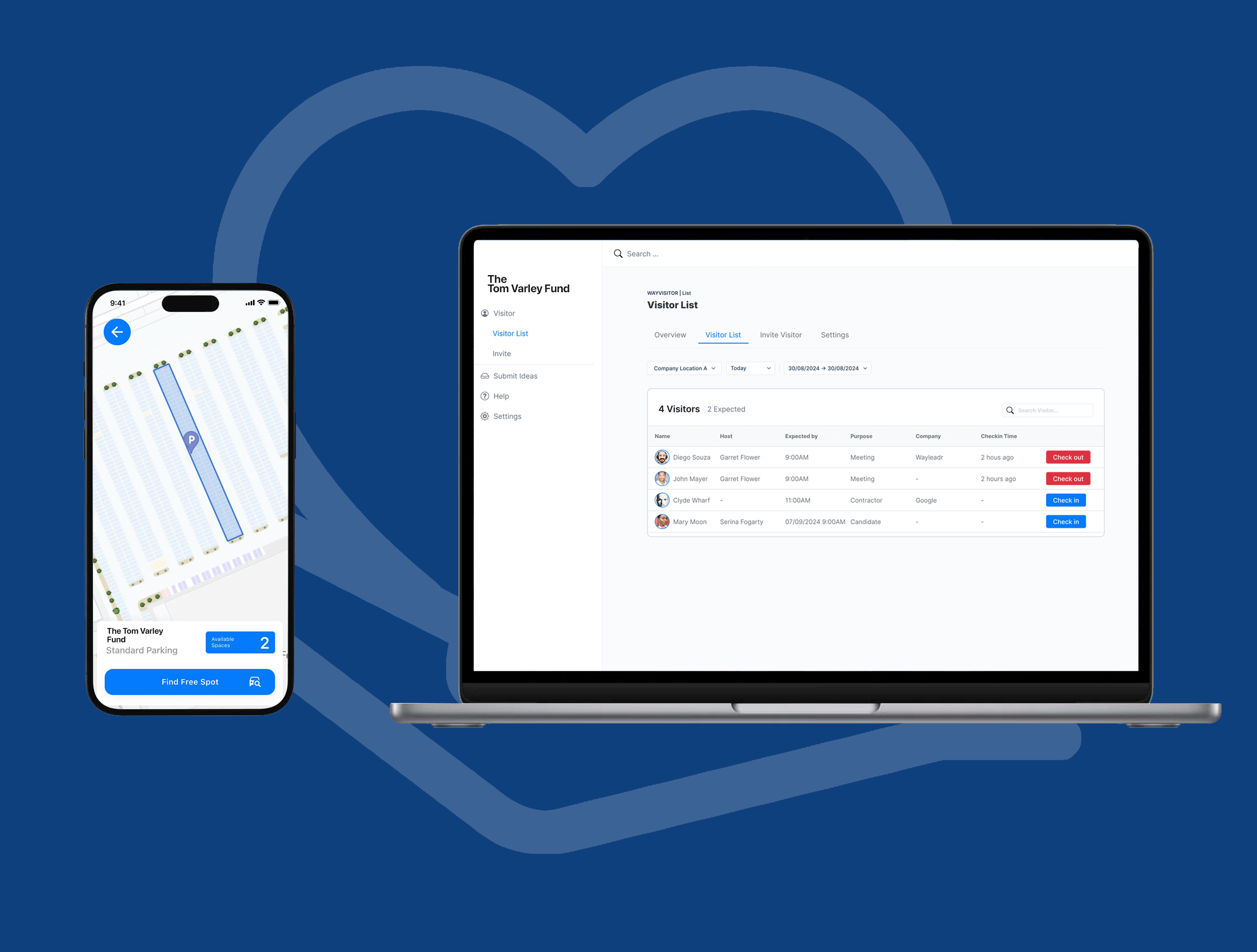 A smartphone and laptop displaying a visitor management app interface on a blue background with a heart outline.