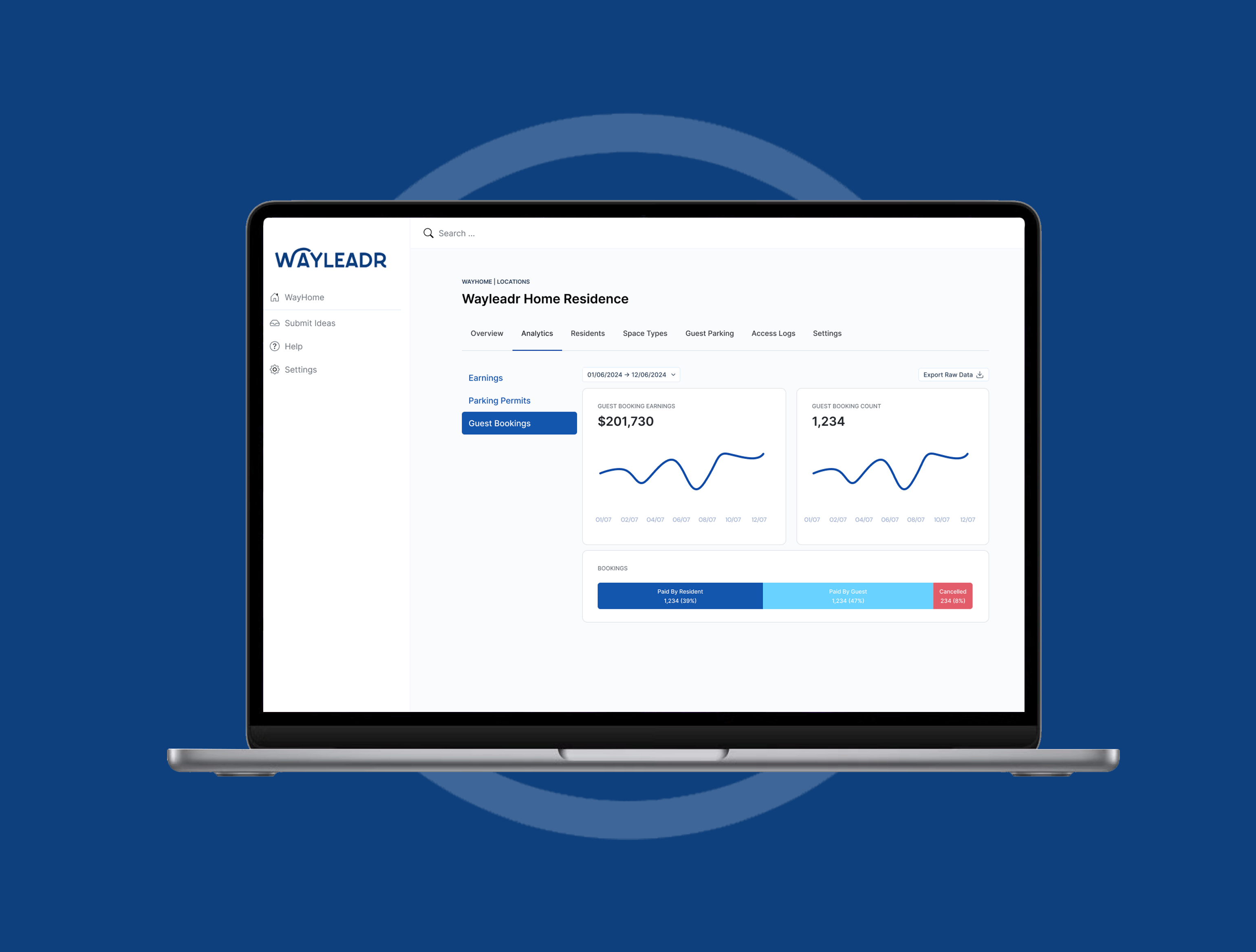 Laptop displaying Wayleadr software dashboard with graphs and statistics on a blue background.