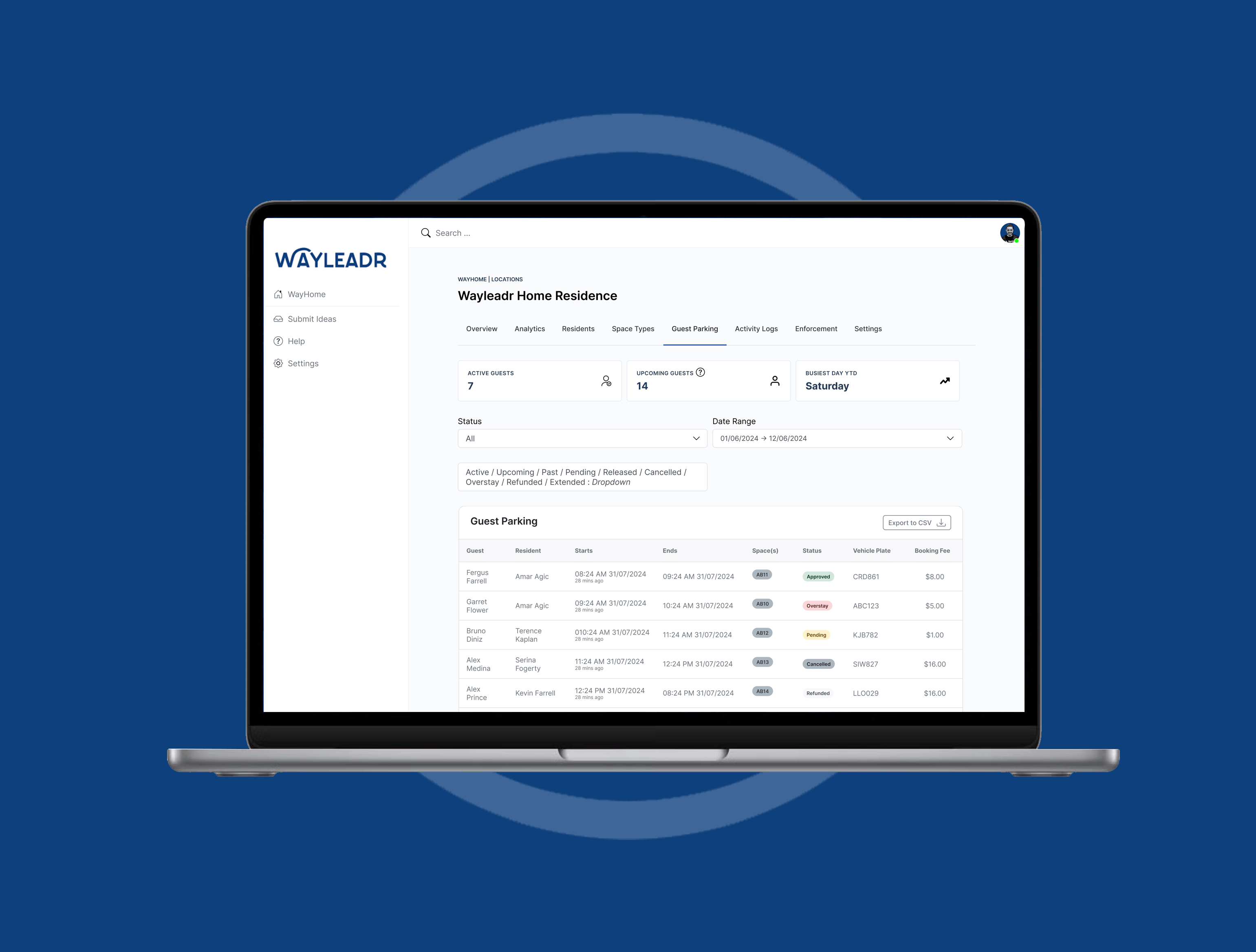A laptop displaying an interface for managing guest parking at Wayleadr Home Residence against a blue background.