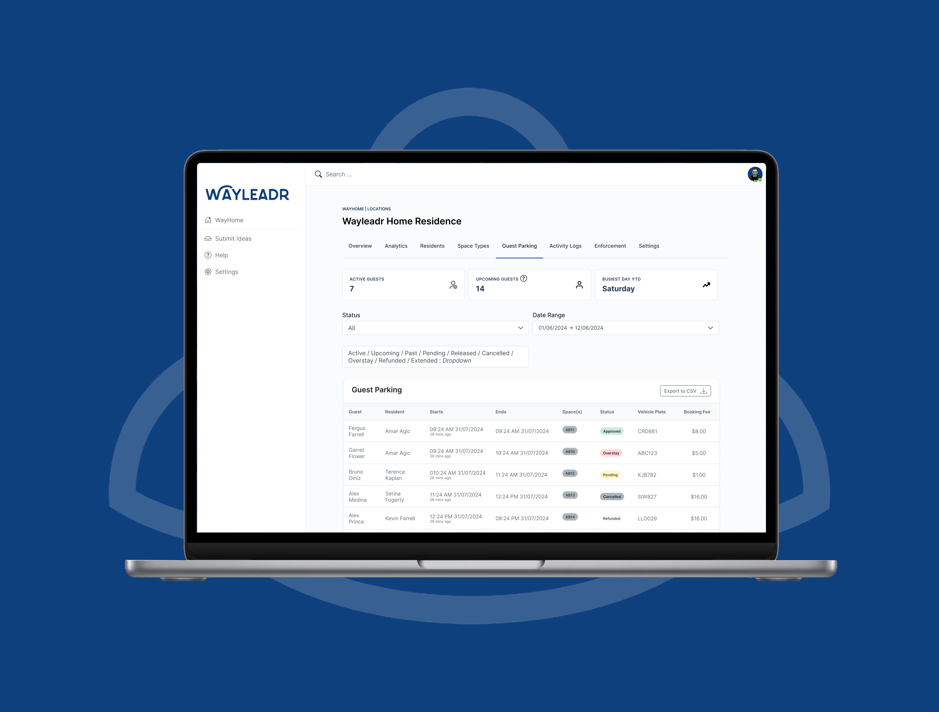 Laptop displaying Wayleadr guest parking management dashboard on a blue background.