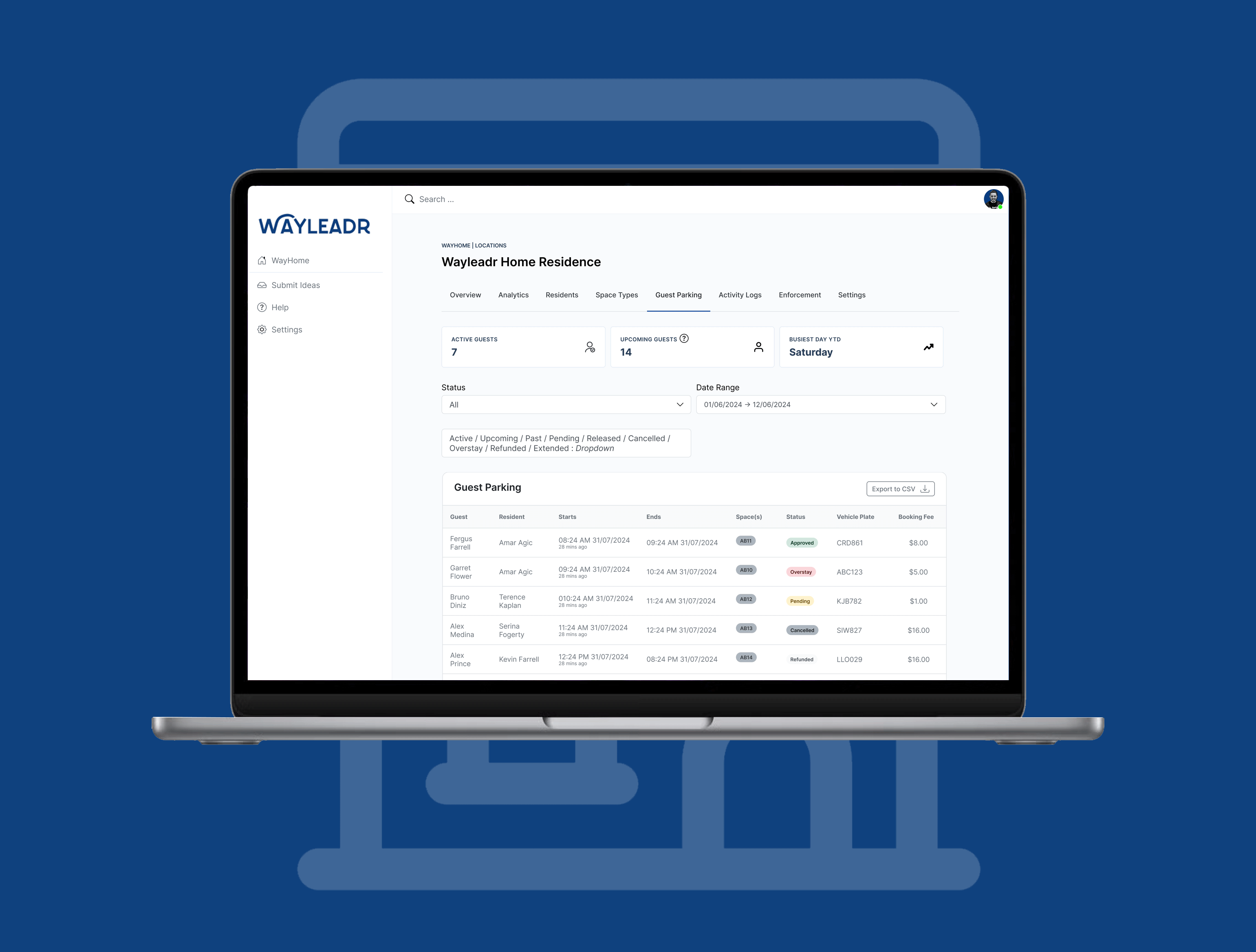 Laptop displaying a parking management dashboard with guest parking details and options for home residence, set against a blue background.