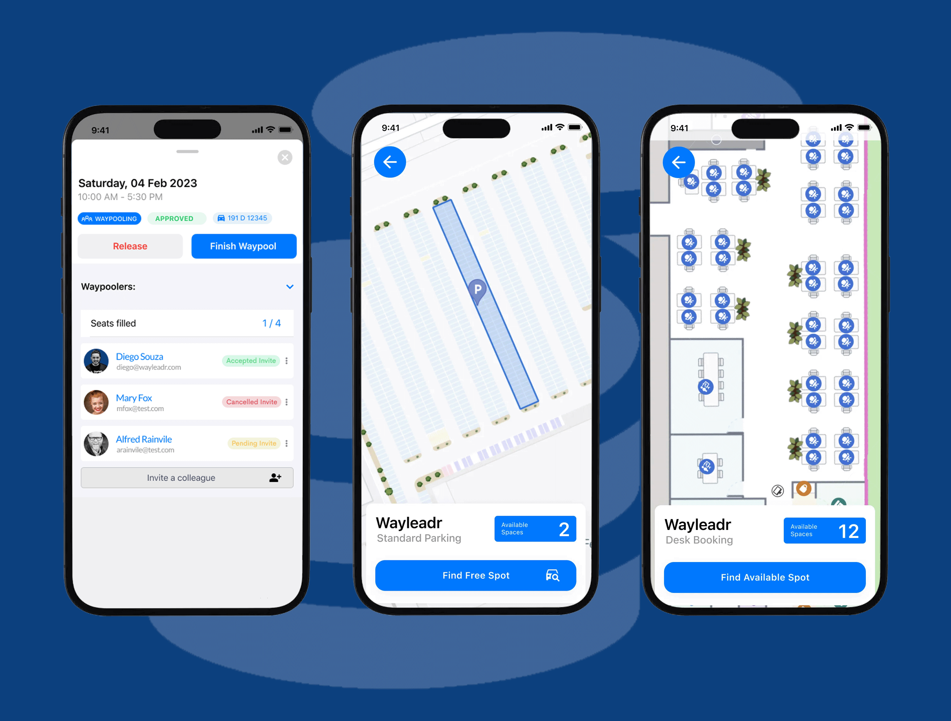 Three smartphone screens display a carpool scheduling app, a parking app with highlighted spot, and a desk booking app showing available desks.