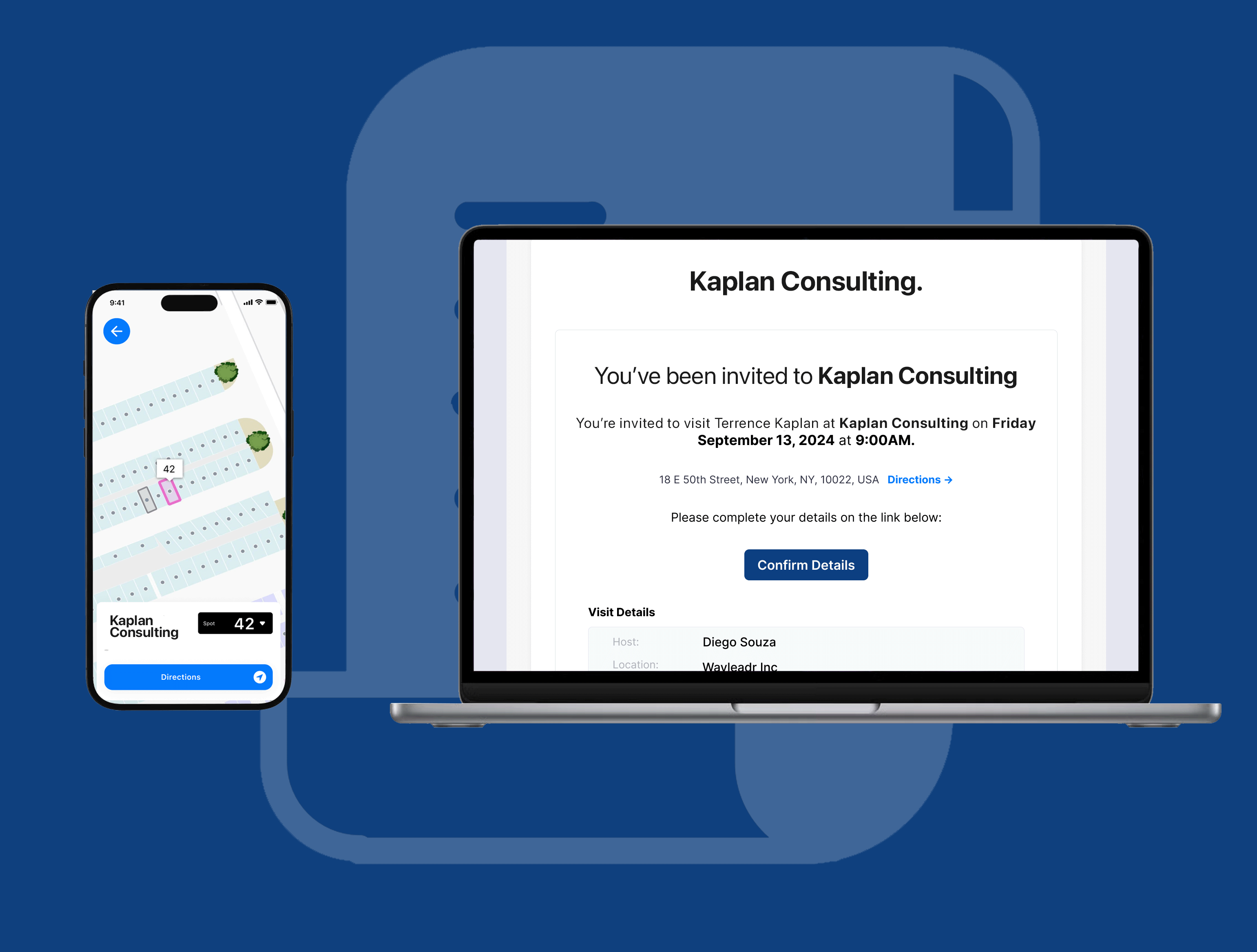 A smartphone and laptop display an invitation to Kaplan Consulting. The phone shows a map; the laptop has event details.