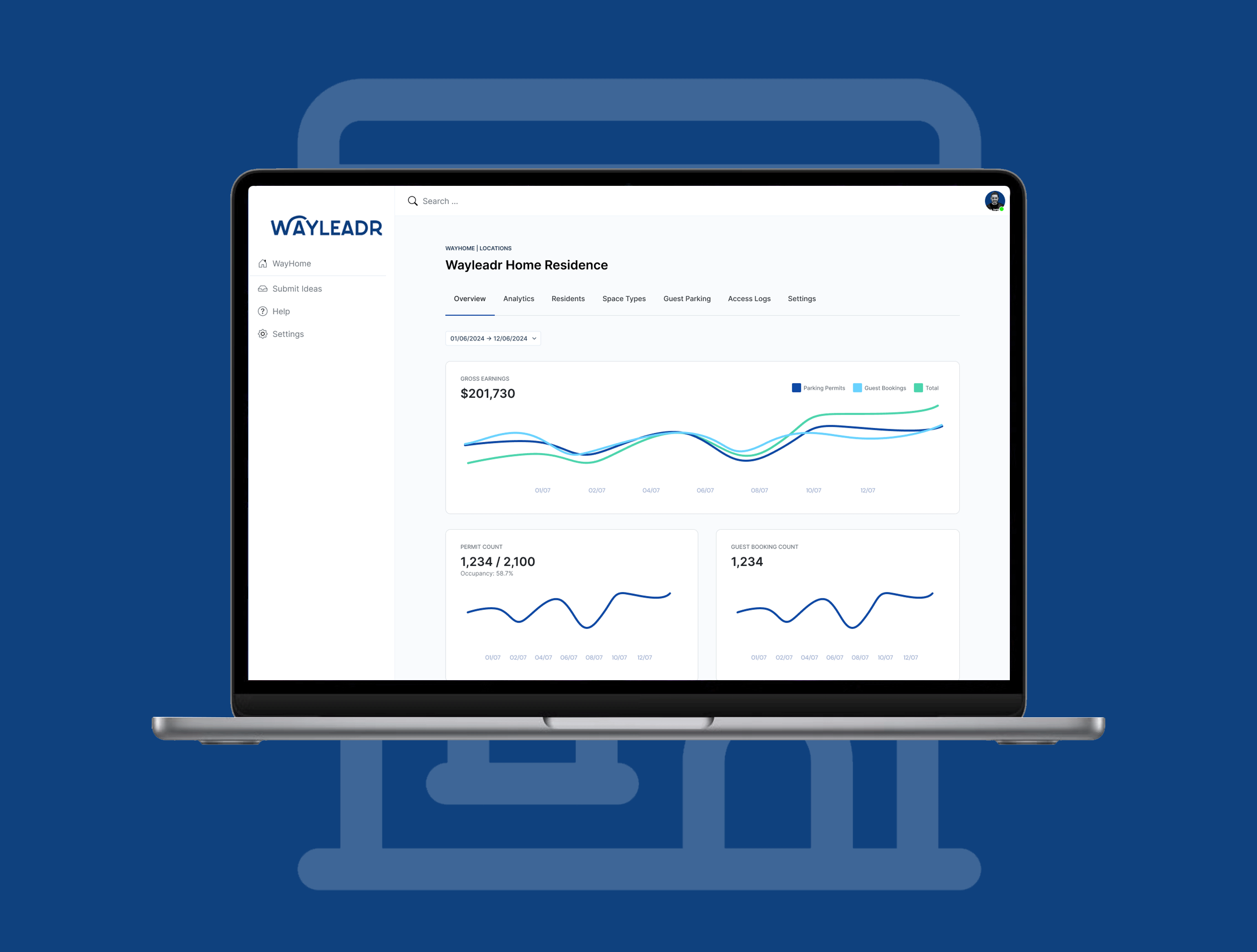 A laptop displaying a dashboard with graphs and statistics on a blue background, featuring the Wayleadr logo.