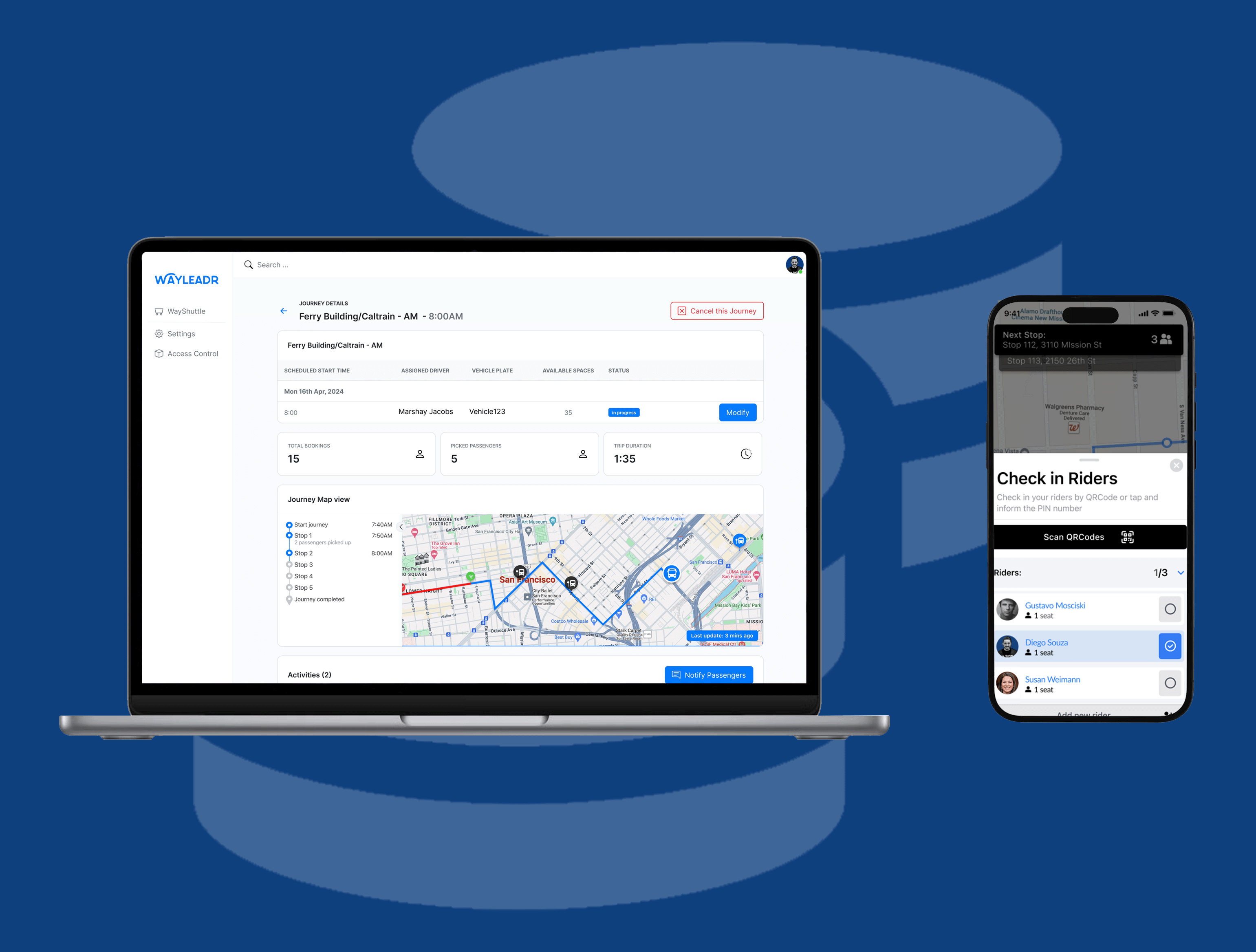 Laptop and smartphone screens display a ride-sharing app interface with a map view, driver details, and rider check-in options.