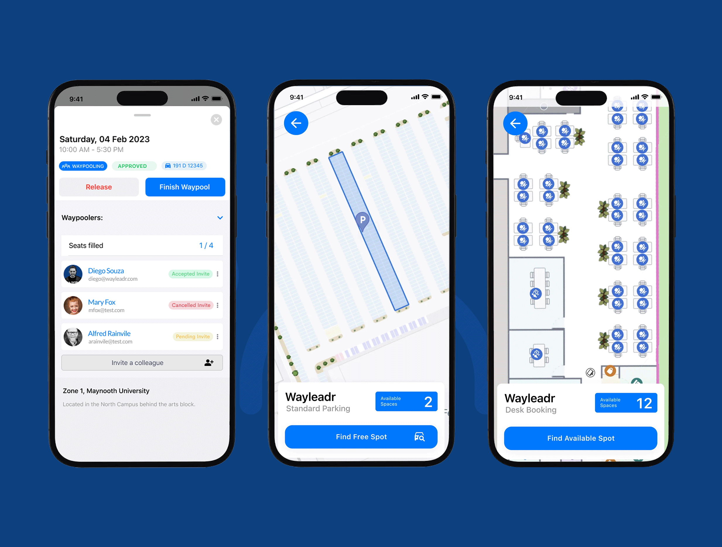 Three smartphone screens display a parking and desk booking app interface with options to select waypoolers, parking spots, and available desks.