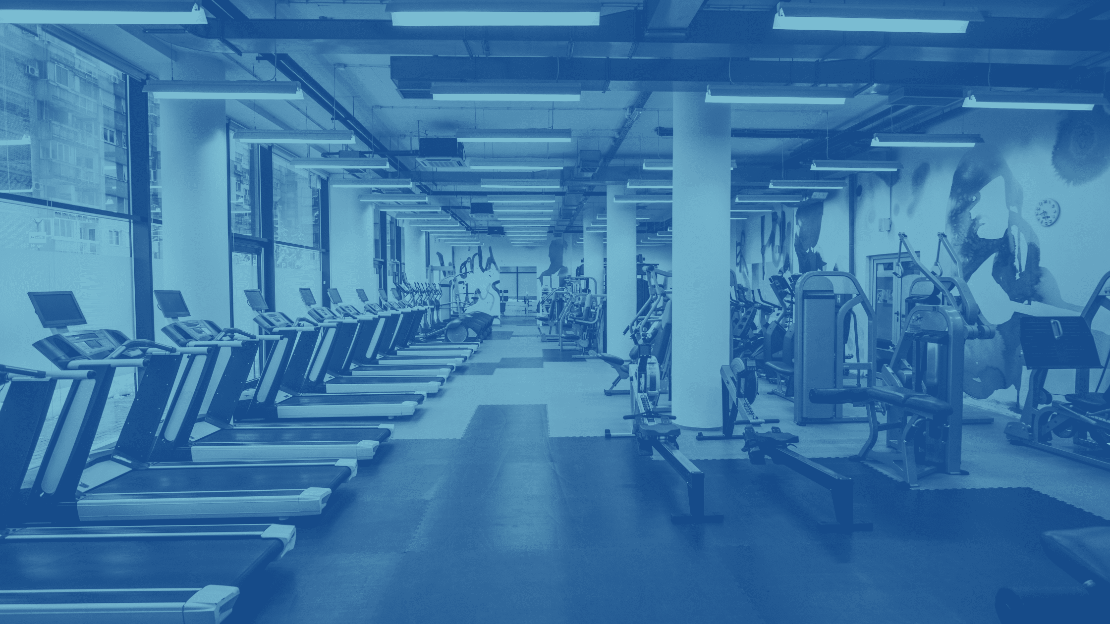 An empty gym with rows of treadmills on the left and various fitness machines on the right, featuring large windows and a mural on the back wall.