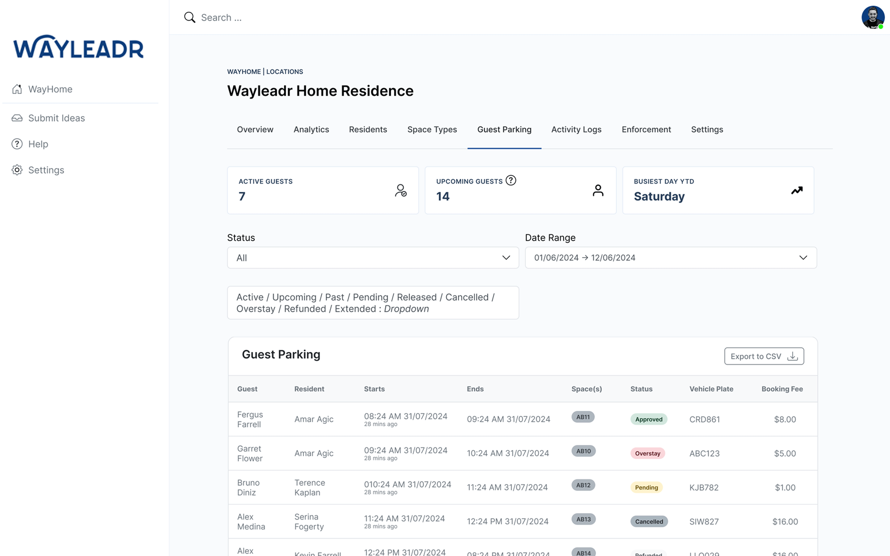 Screenshot of the Wayleadr Home Residence guest parking dashboard displaying active and upcoming guests, date range filters, and a table of guest parking details.