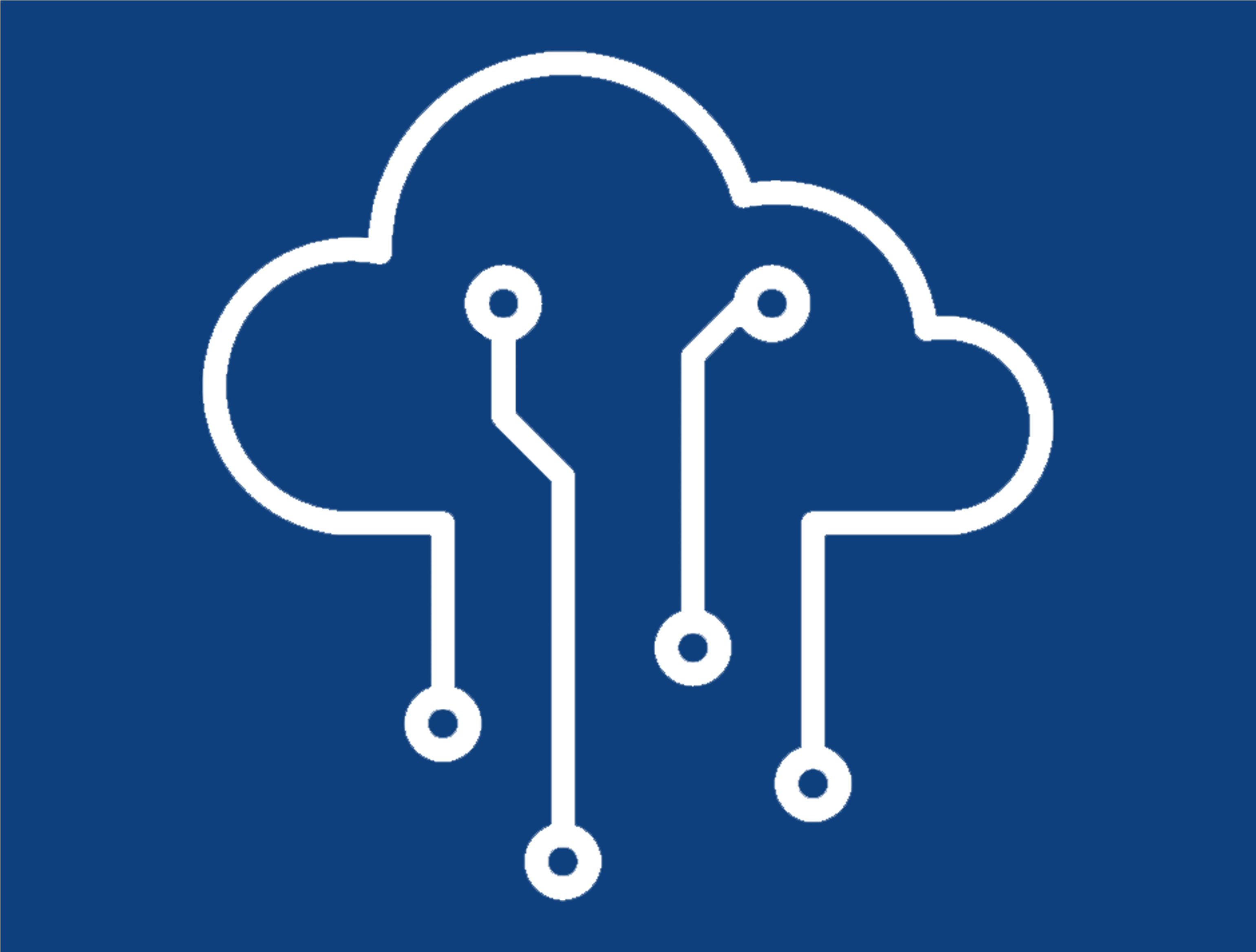 A white circuit cloud icon on a blue background, representing cloud computing technology.