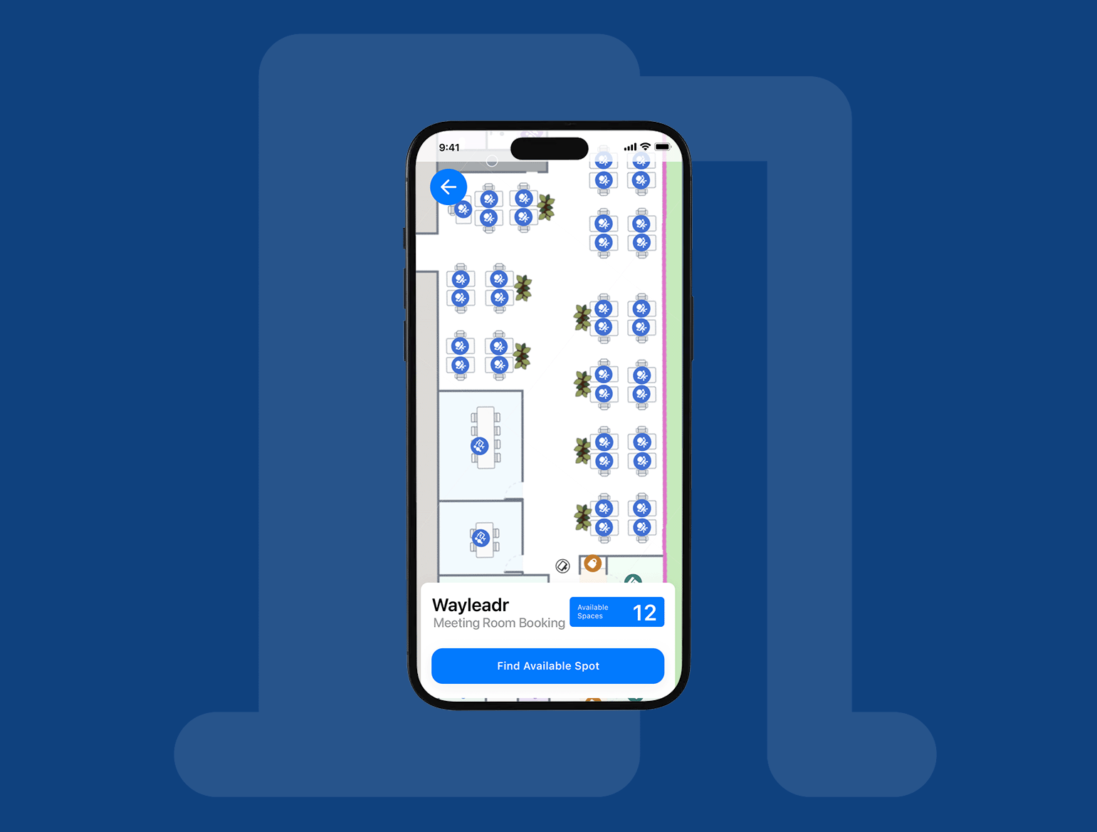 A smartphone screen displays a meeting room booking app, showing available rooms on a floor plan with a "Find Available Spot" button highlighted.