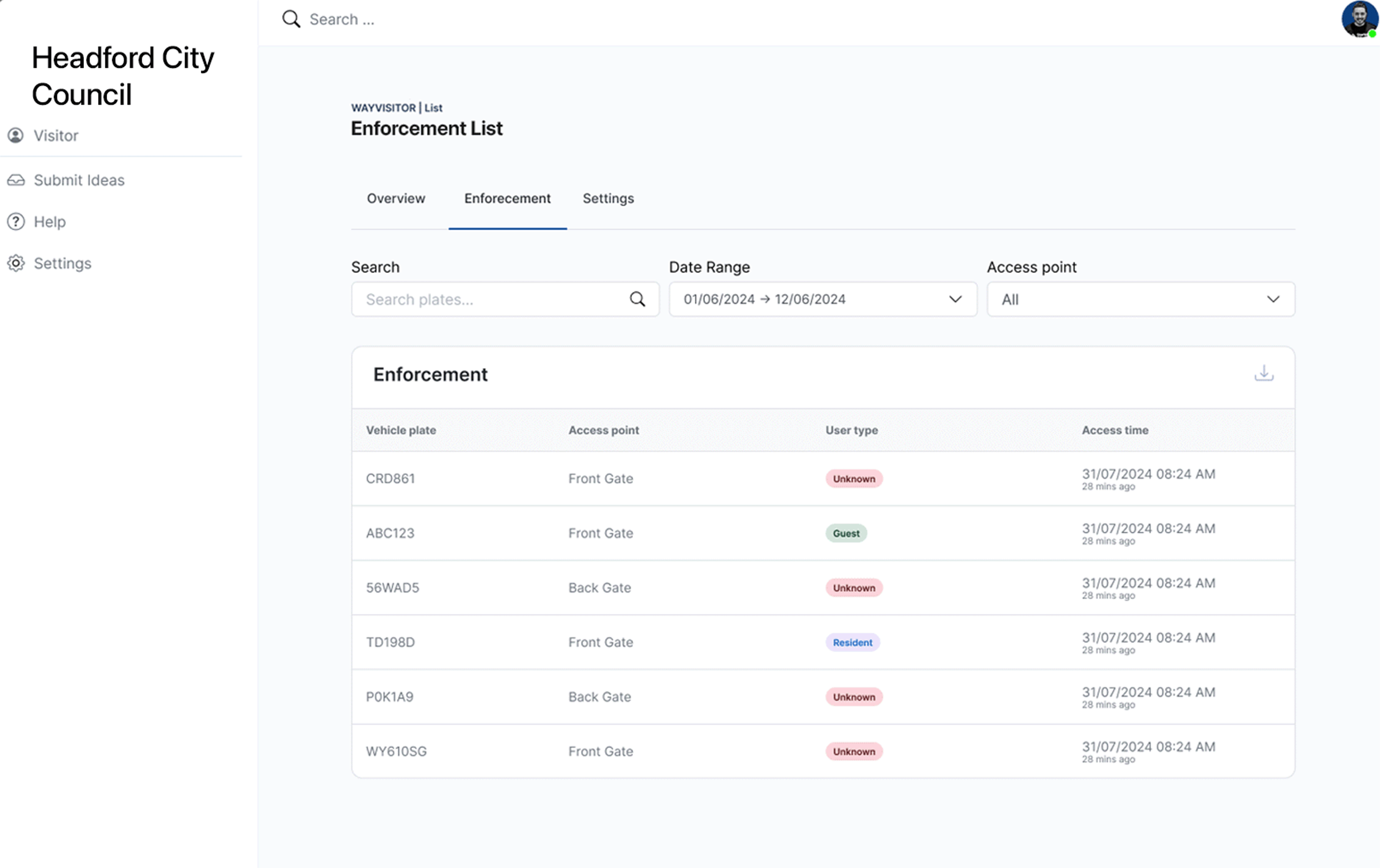 Enforcement list on a dashboard showing vehicle plates, access points, user types, and access times for Headford City Council.