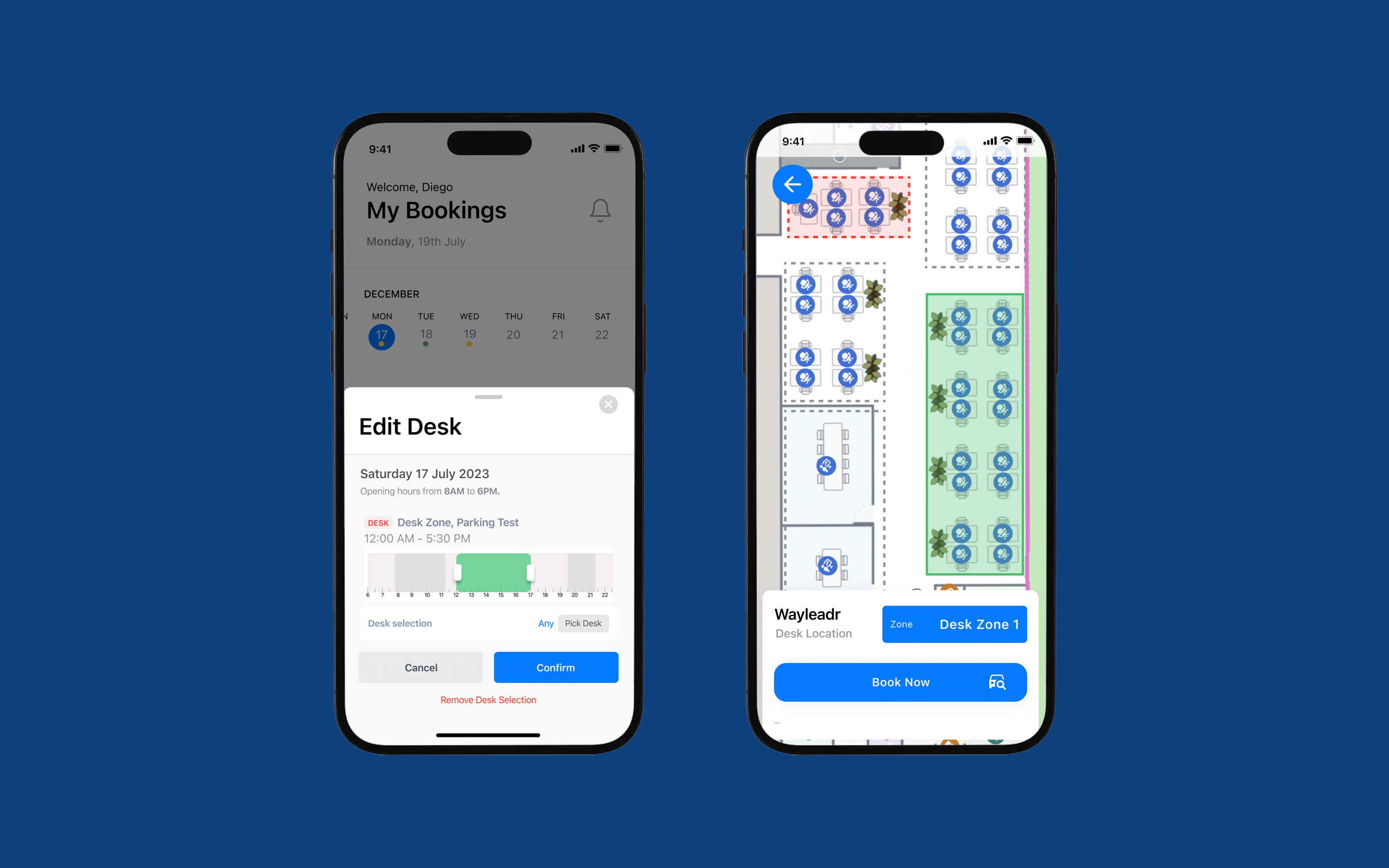 Two smartphone screens displaying a desk booking app interface, showing booking details and a map layout of available desks.