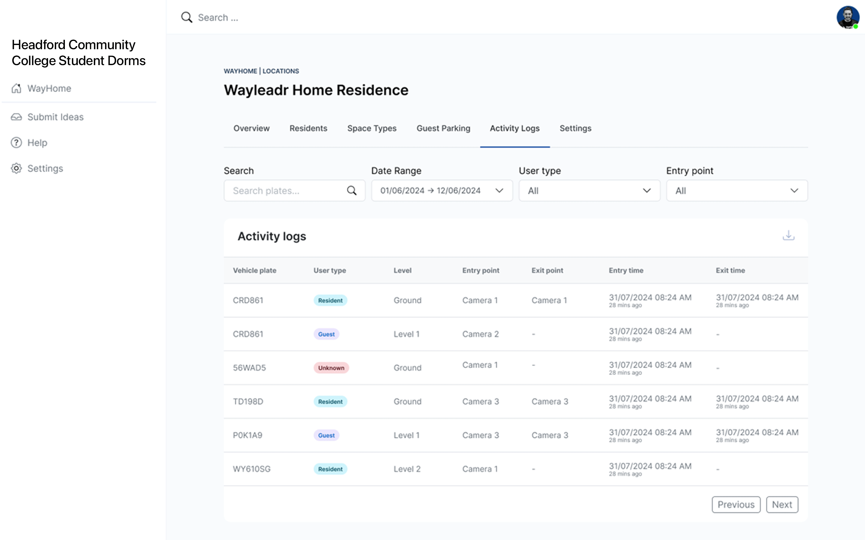 Dashboard interface showing activity logs for "Wayleadr Home Residence" at Headford Community College. Lists user types, entry points, and dates, with a navigation menu on the left.