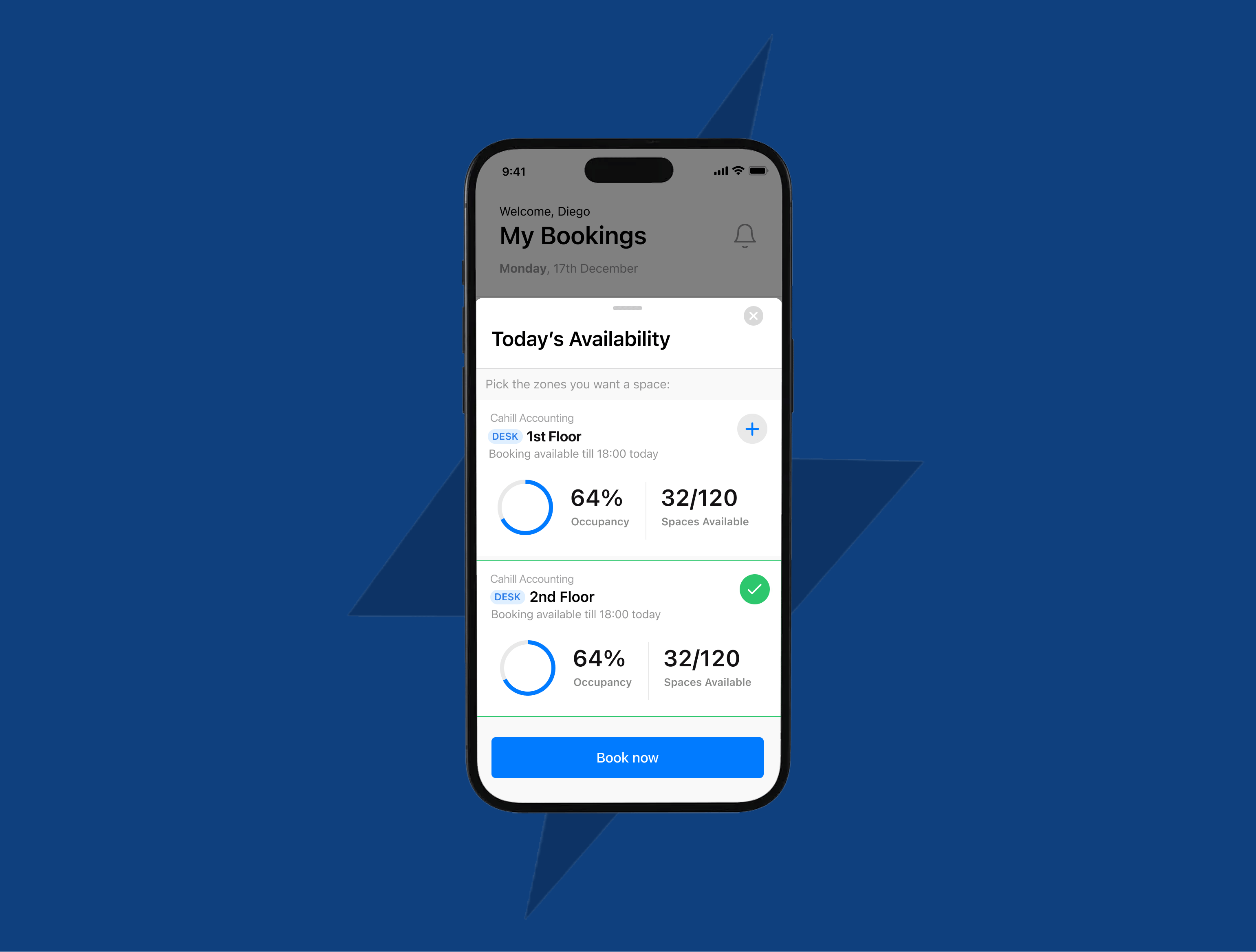 A smartphone displaying a room booking app interface on a blue background. The screen shows availability and occupancy for two floors with a "Book now" button.