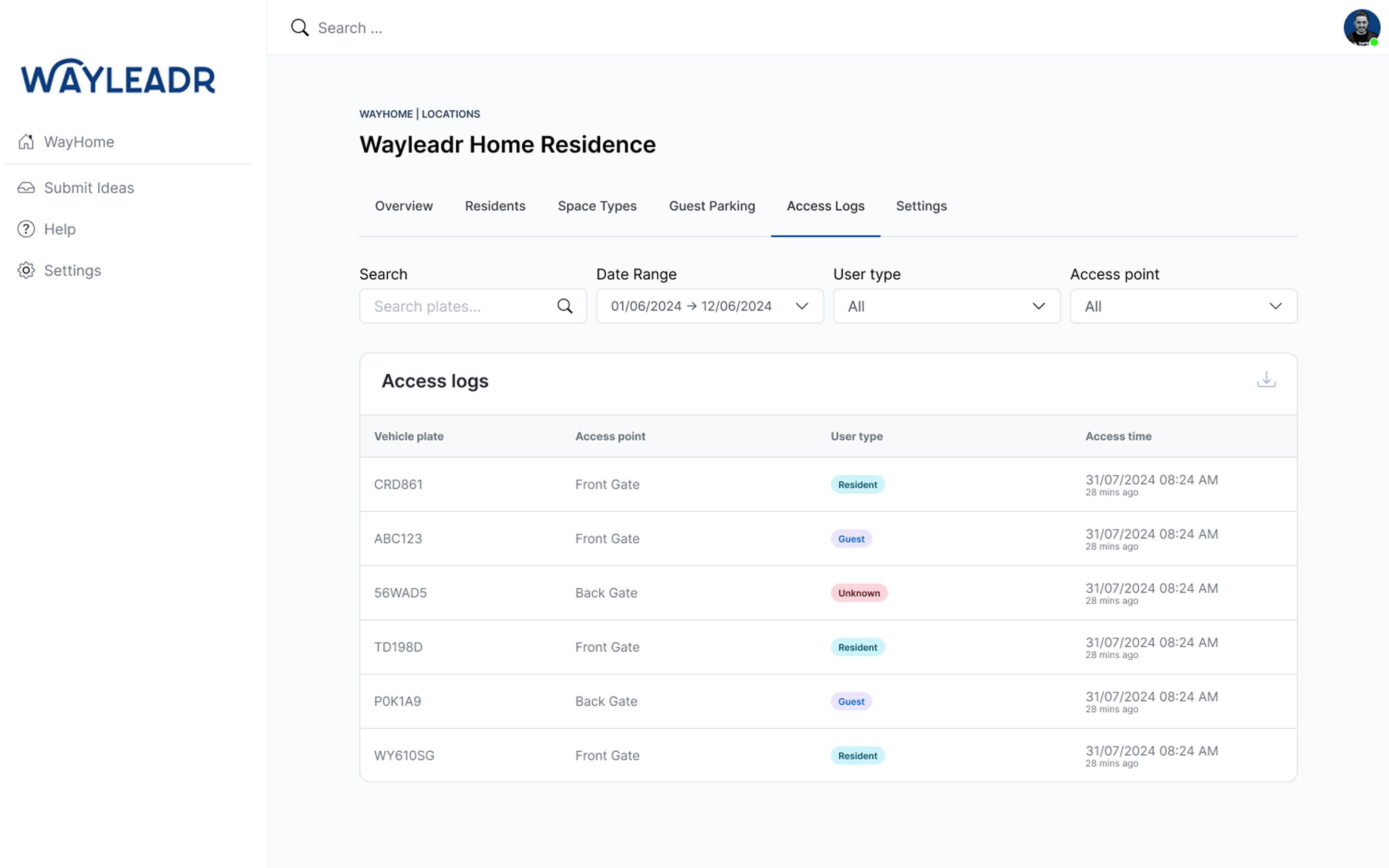 A dashboard displaying access logs for "Wayleadr Home Residence," showing vehicle plate numbers, access points, user types, and access times.