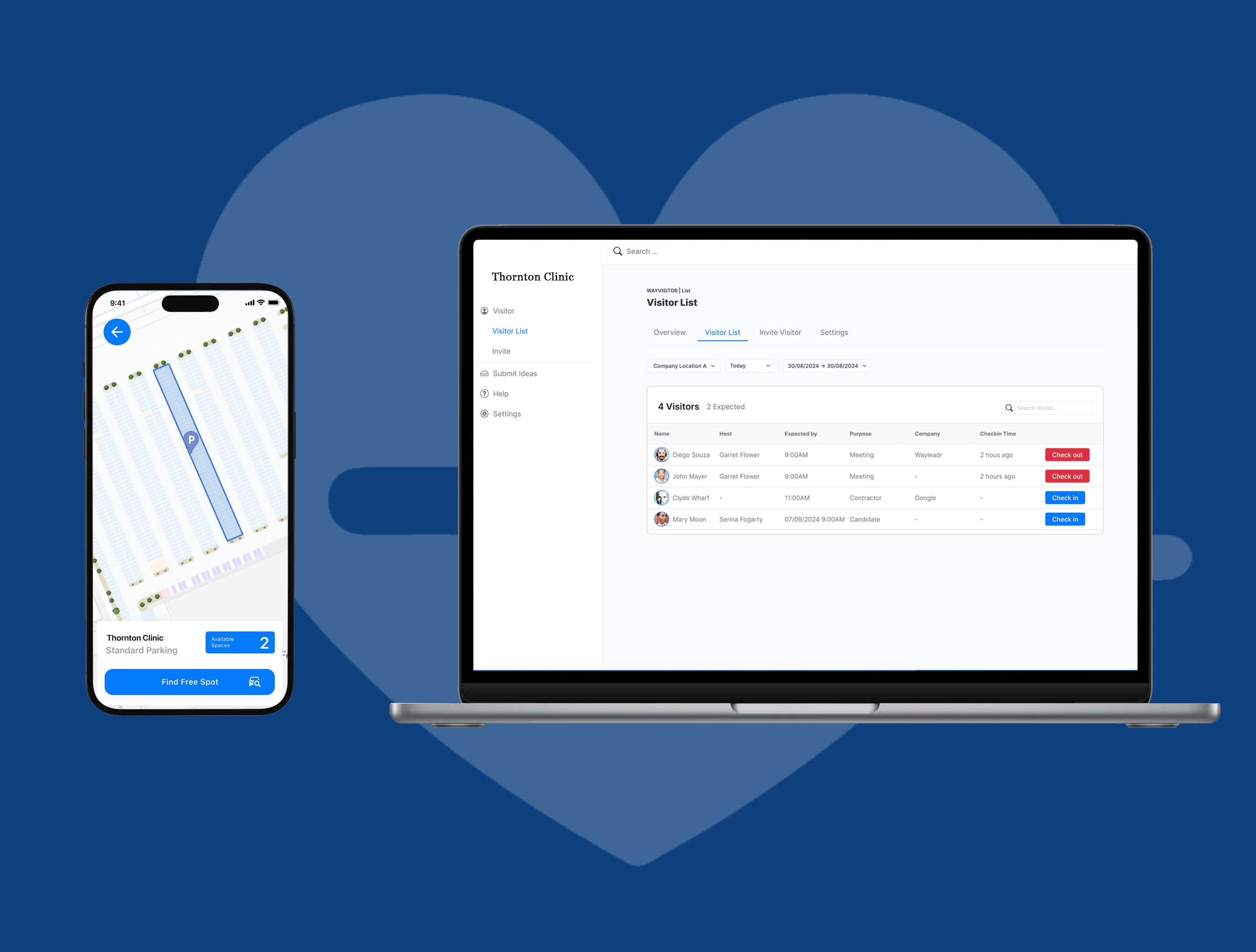 Smartphone and laptop display a clinic app interface with a map on the phone and a visitor list on the laptop screen against a blue heart background.