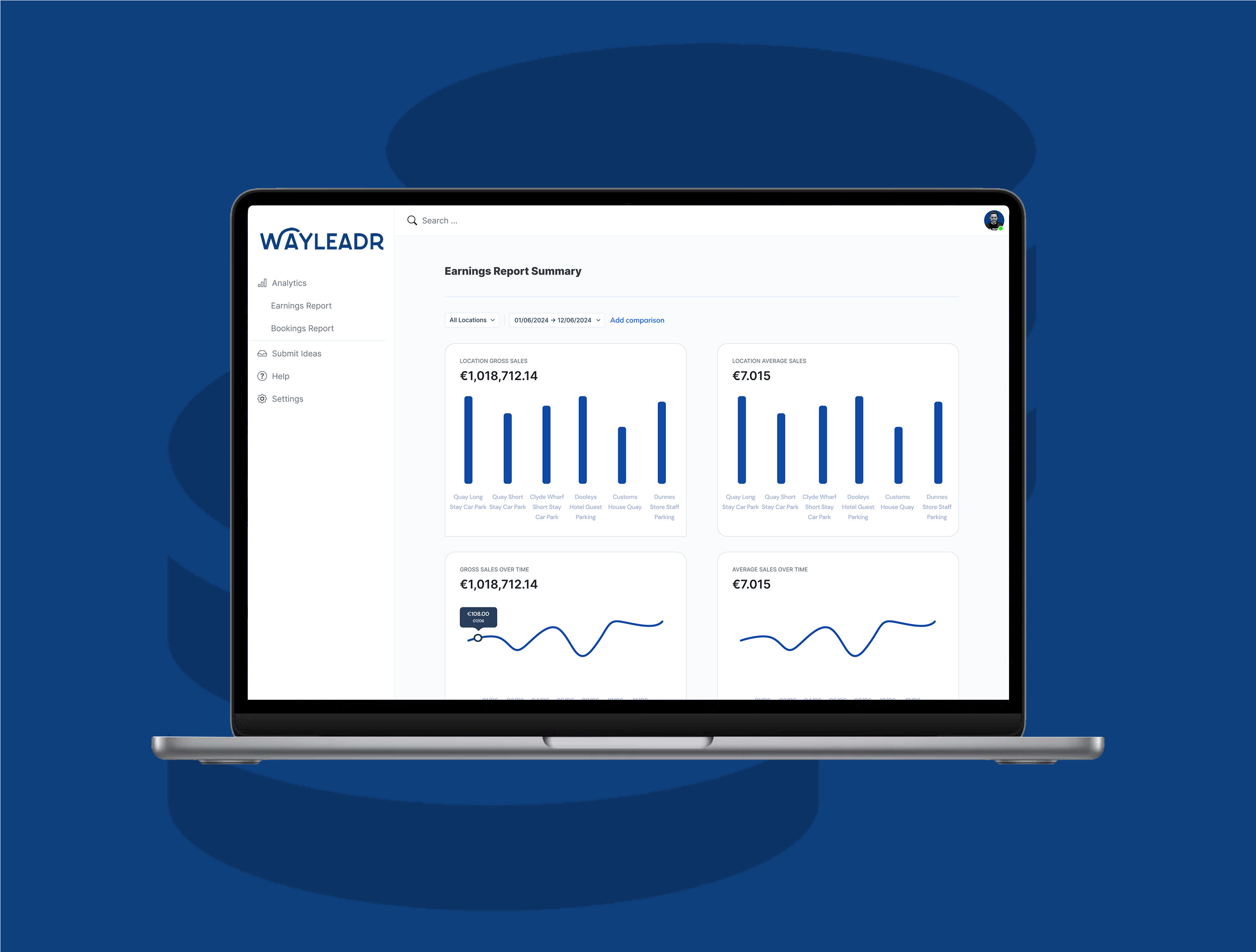 A laptop displays an earnings report summary with bar graphs and numerical data on the screen. The background is blue.