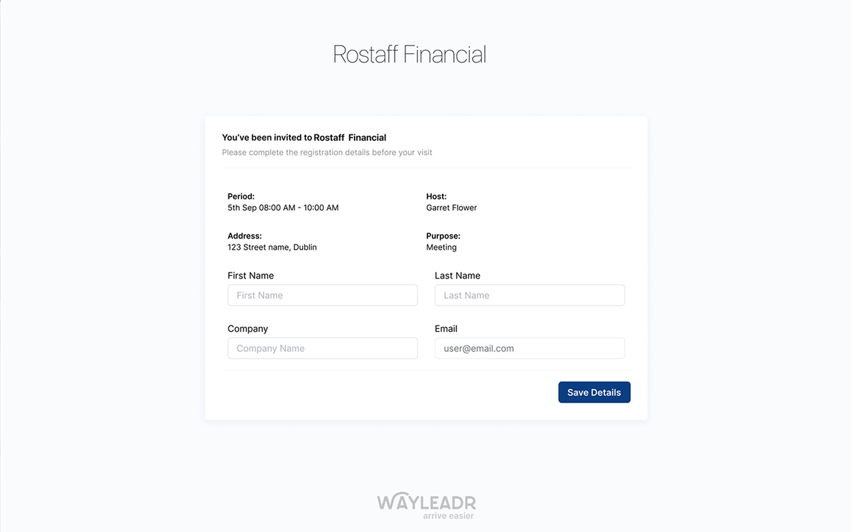 Screenshot of an invitation form from Rostaff Financial for a meeting on Sat, Sep 9, 8:00 AM - 10:00 AM, at 123 Street Name, Dublin. Fields for name, company, and email are visible.