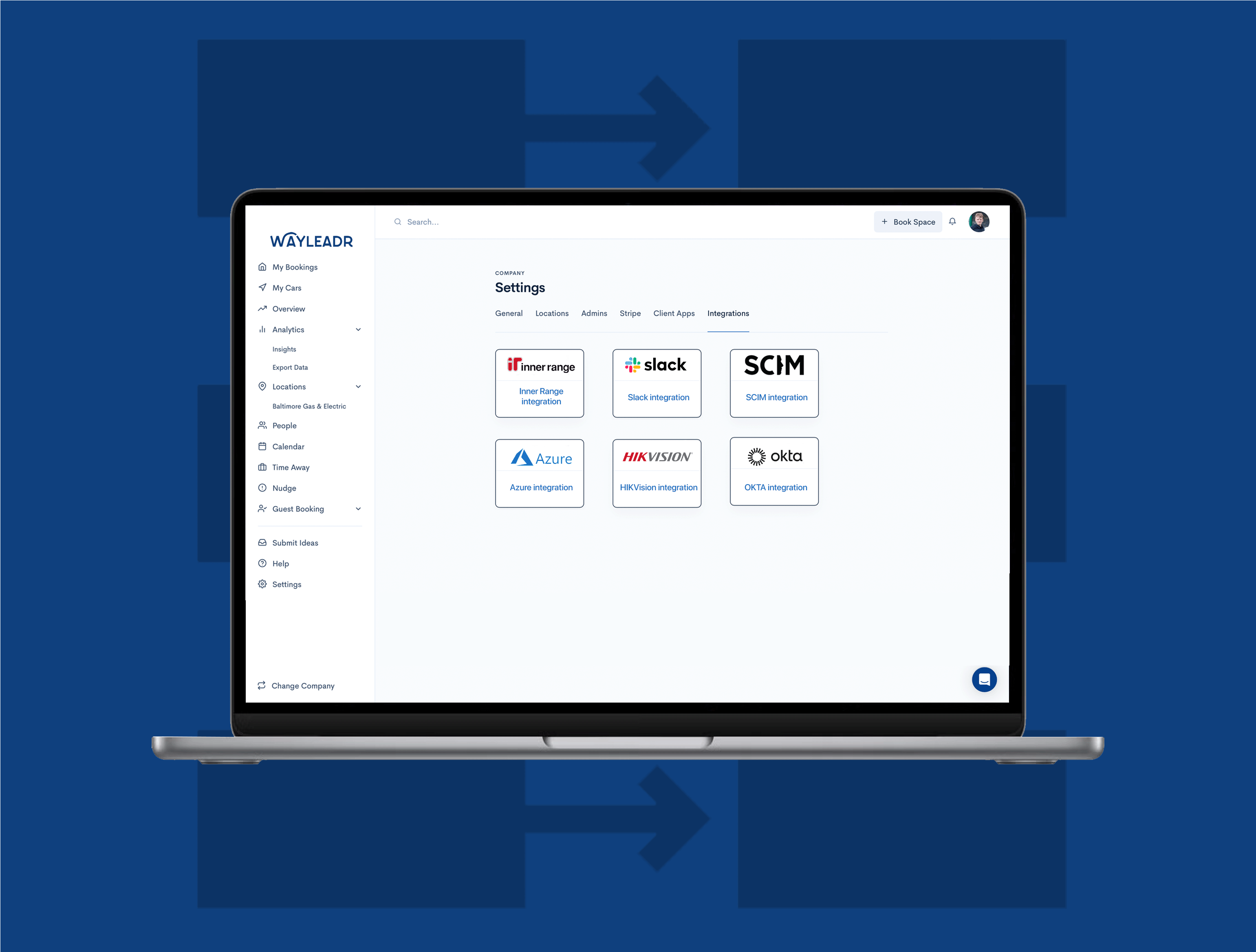 A laptop screen displaying software settings with integration icons for services like Slack, Azure, SCM, AWS Workspaces, and Okta.