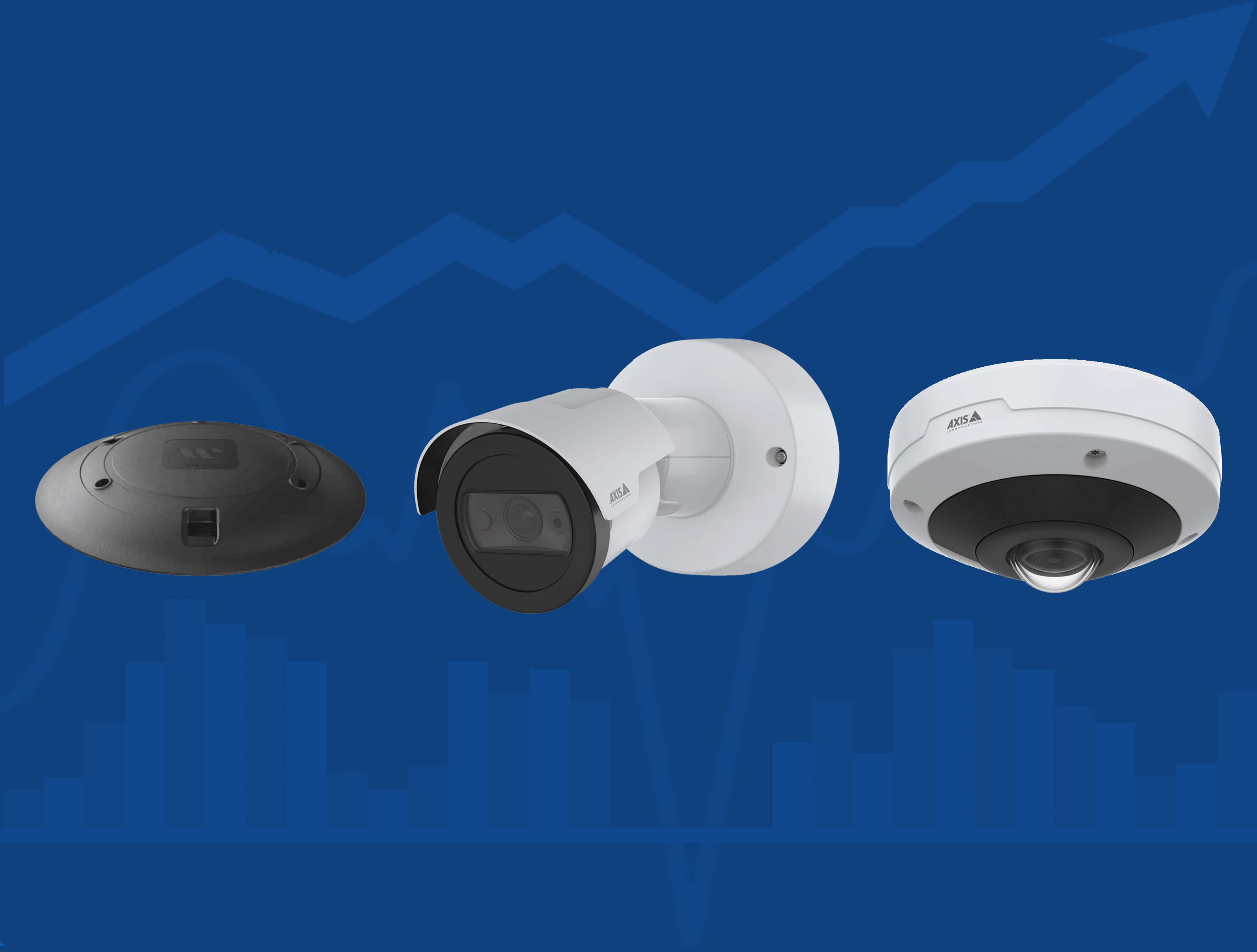 Three security cameras are displayed against a blue background with graph lines. The cameras include dome and bullet styles.